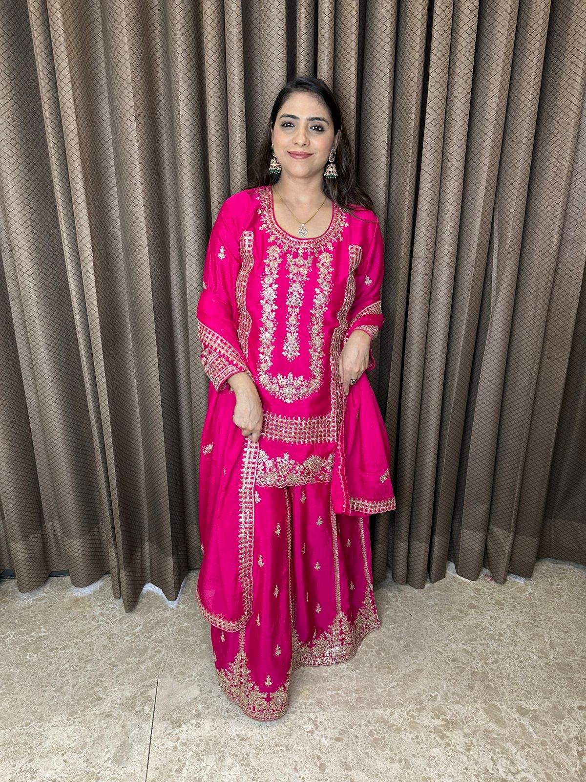 Rani Pink Heavy Embroidered Sharara Suit Set with Dupatta