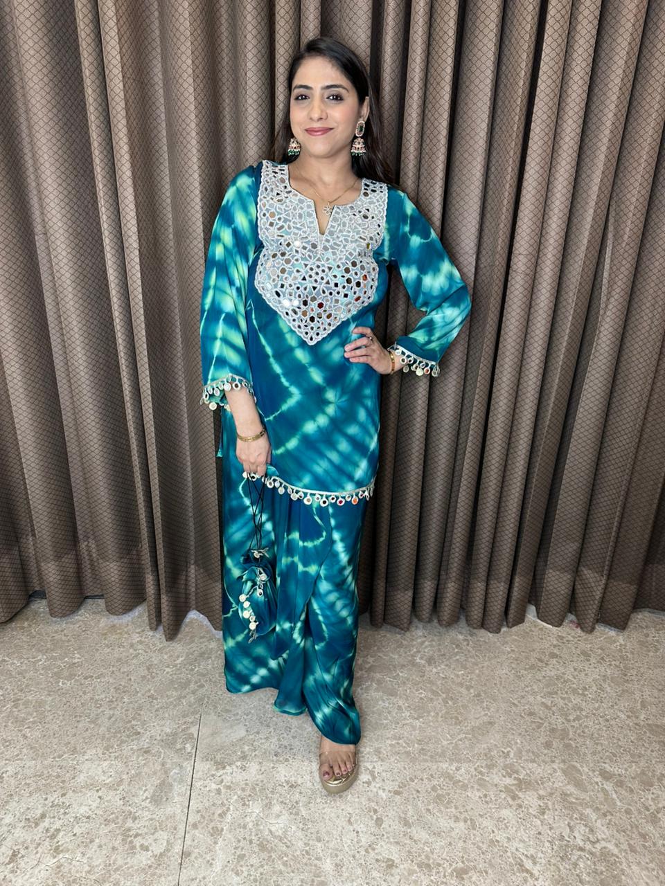 Teal Blue Tie-Dye Mirror Work Kurta with Skirt & Potli Bag Set