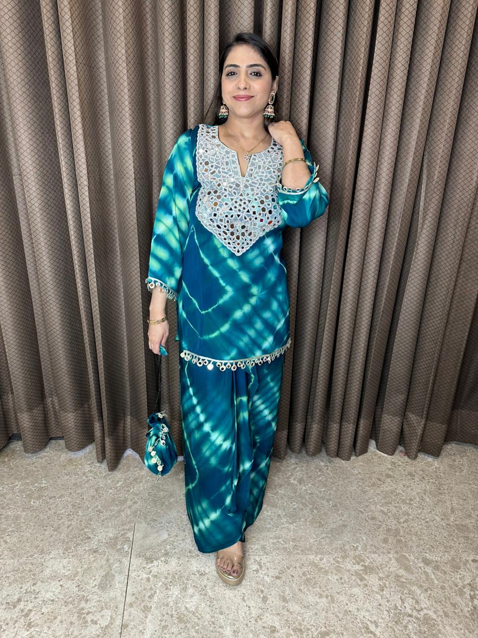 Teal Blue Tie-Dye Mirror Work Kurta with Skirt & Potli Bag Set