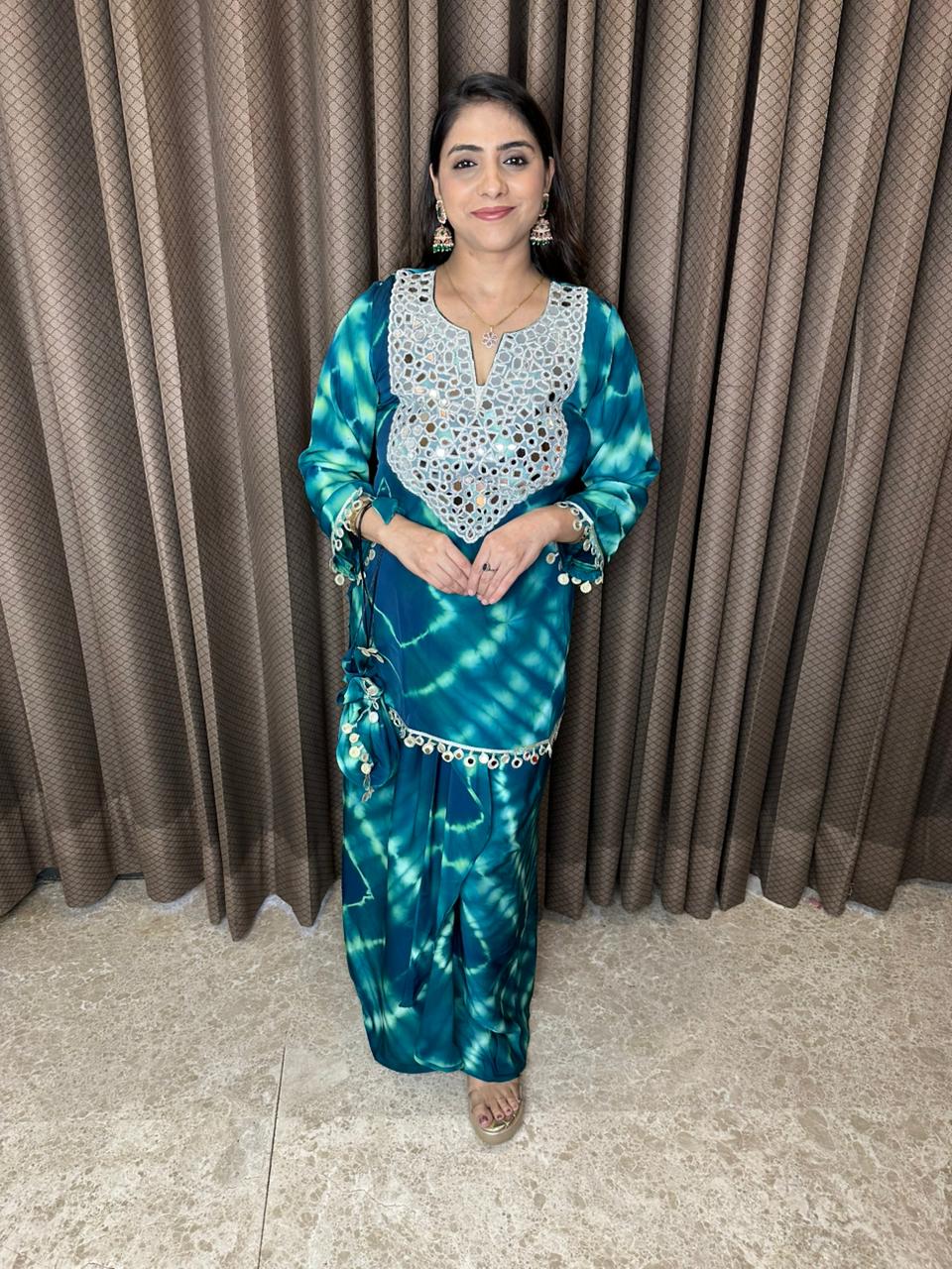 Teal Blue Tie-Dye Mirror Work Kurta with Skirt & Potli Bag Set