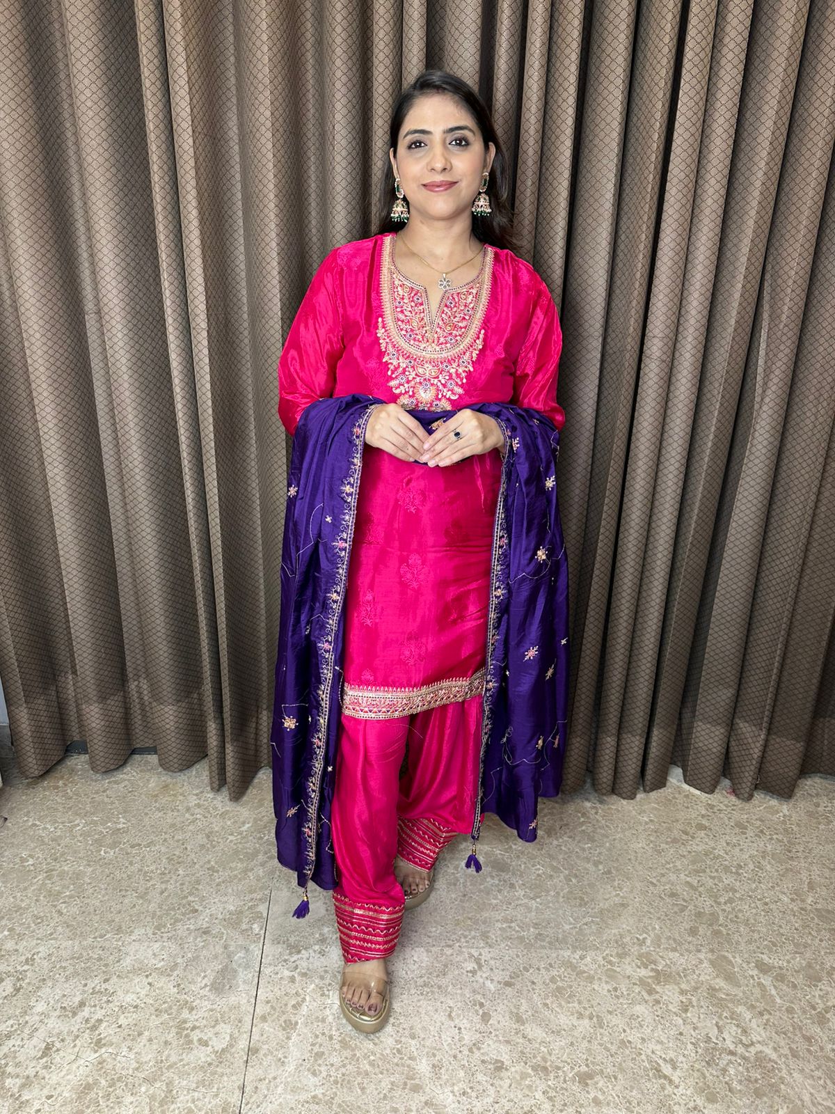 Rani Pink Embroidered Kurta with Purple Dupatta & Farshi Salwar