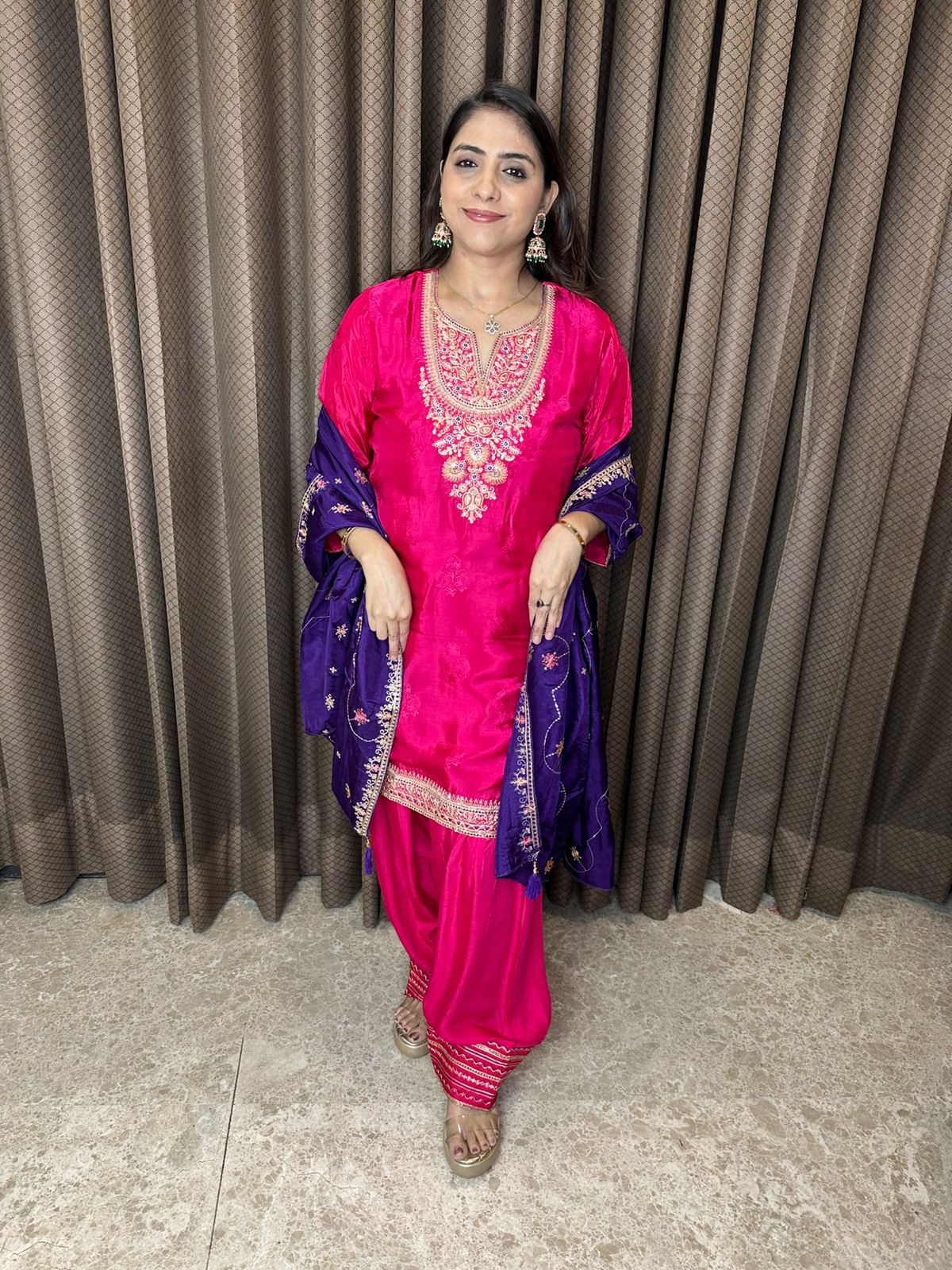 Rani Pink Embroidered Kurta with Purple Dupatta & Farshi Salwar