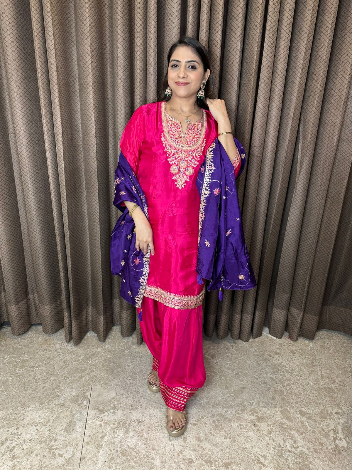 Rani Pink Embroidered Kurta with Purple Dupatta & Farshi Salwar