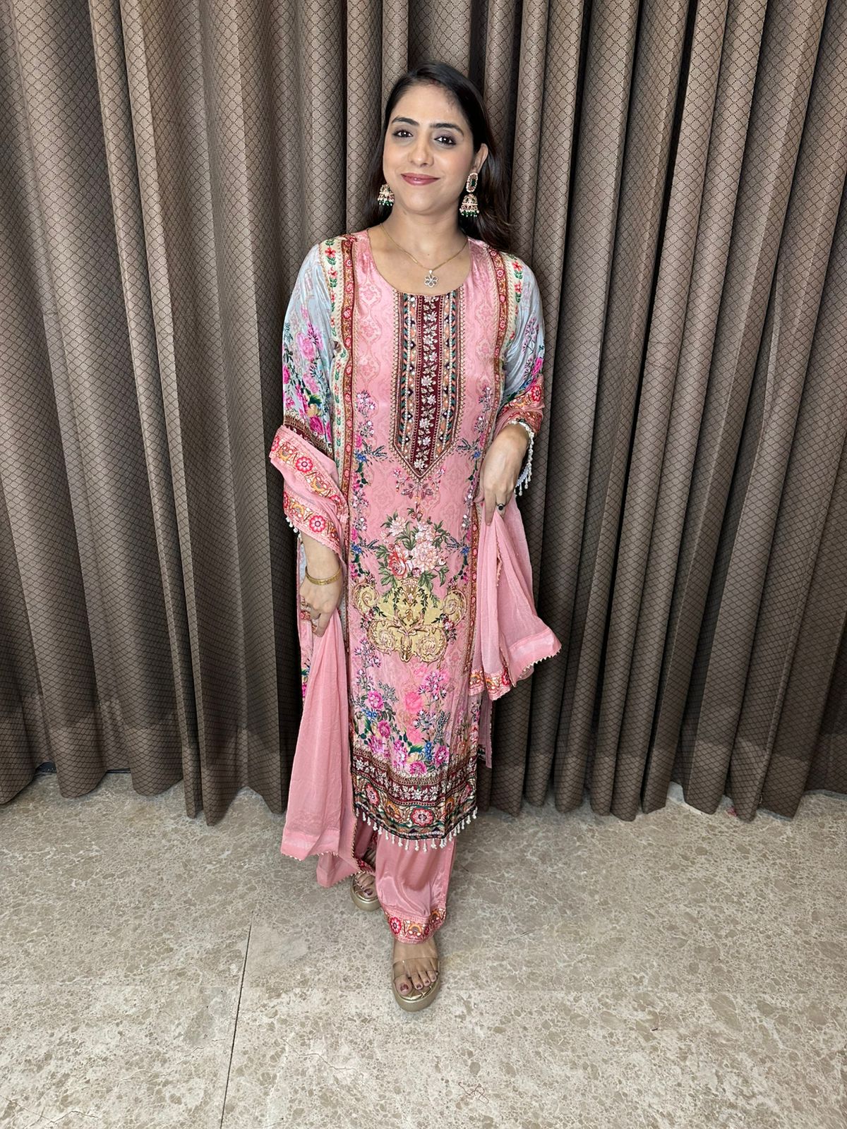 Blush Pink Floral Printed Suit Set with Embroidered Detailing