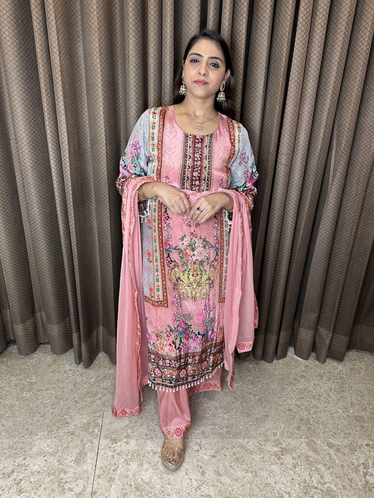 Blush Pink Floral Printed Suit Set with Embroidered Detailing