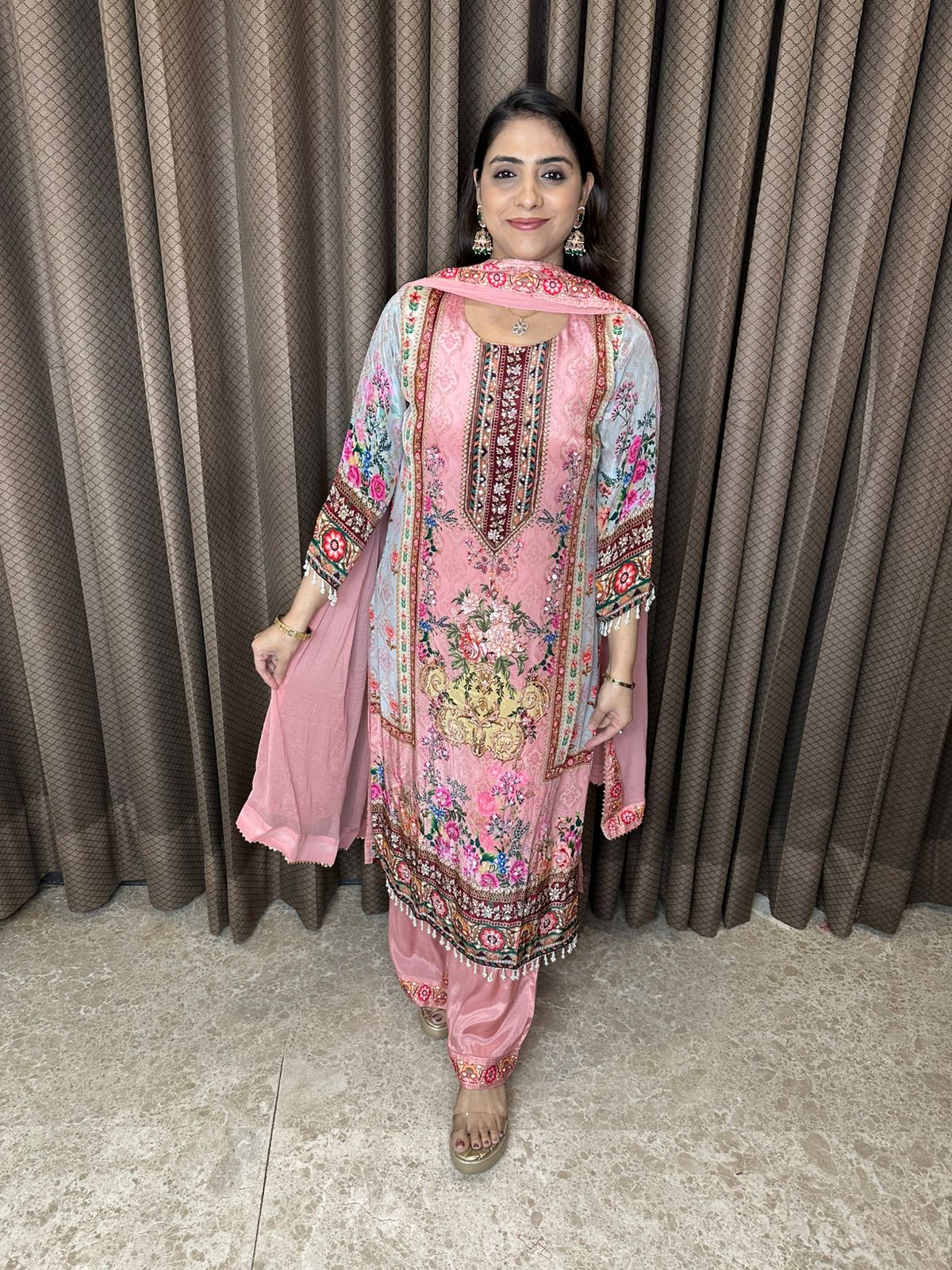 Blush Pink Floral Printed Suit Set with Embroidered Detailing