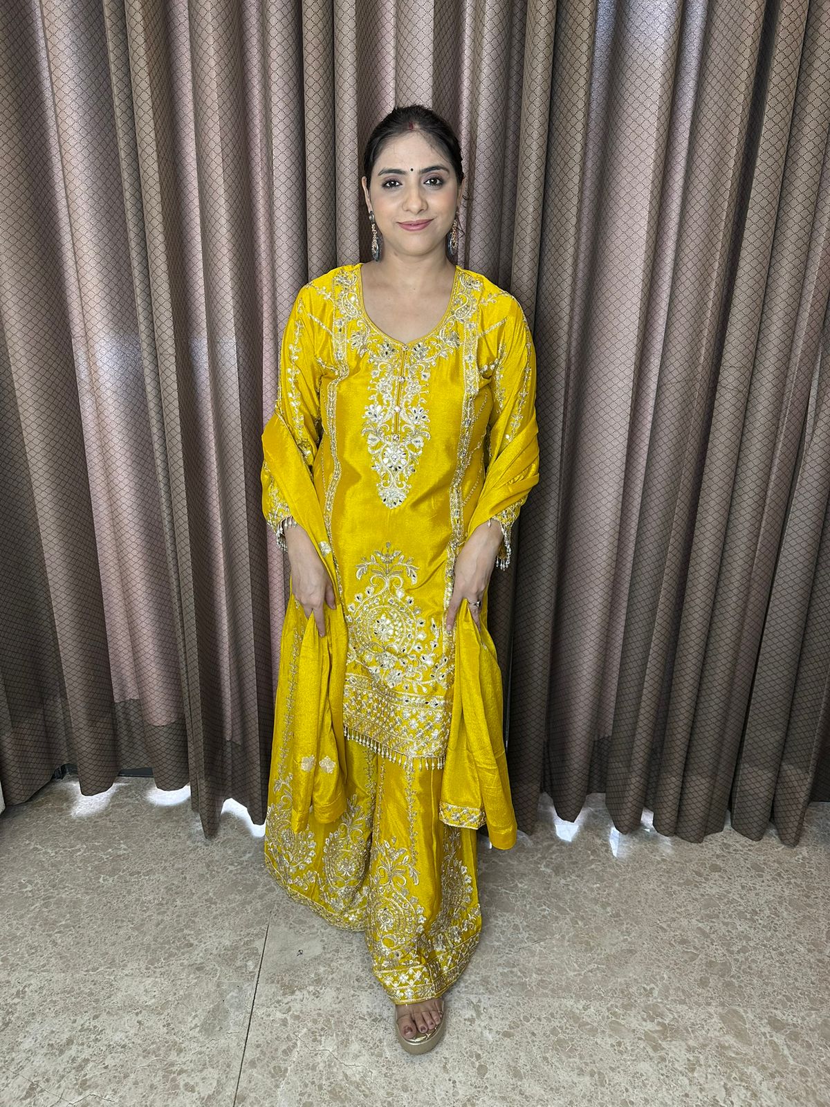 Mustard Yellow Embroidered Suit Set with Matching Dupatta