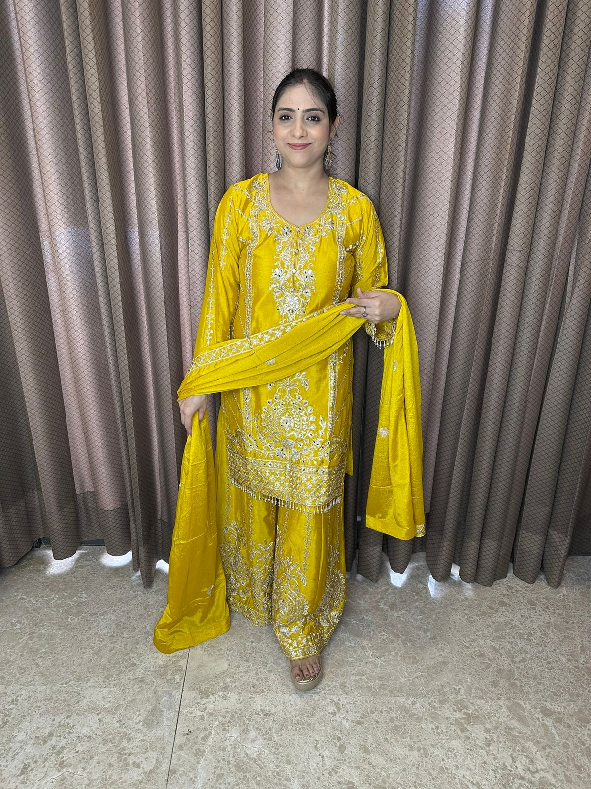 Mustard Yellow Embroidered Suit Set with Matching Dupatta