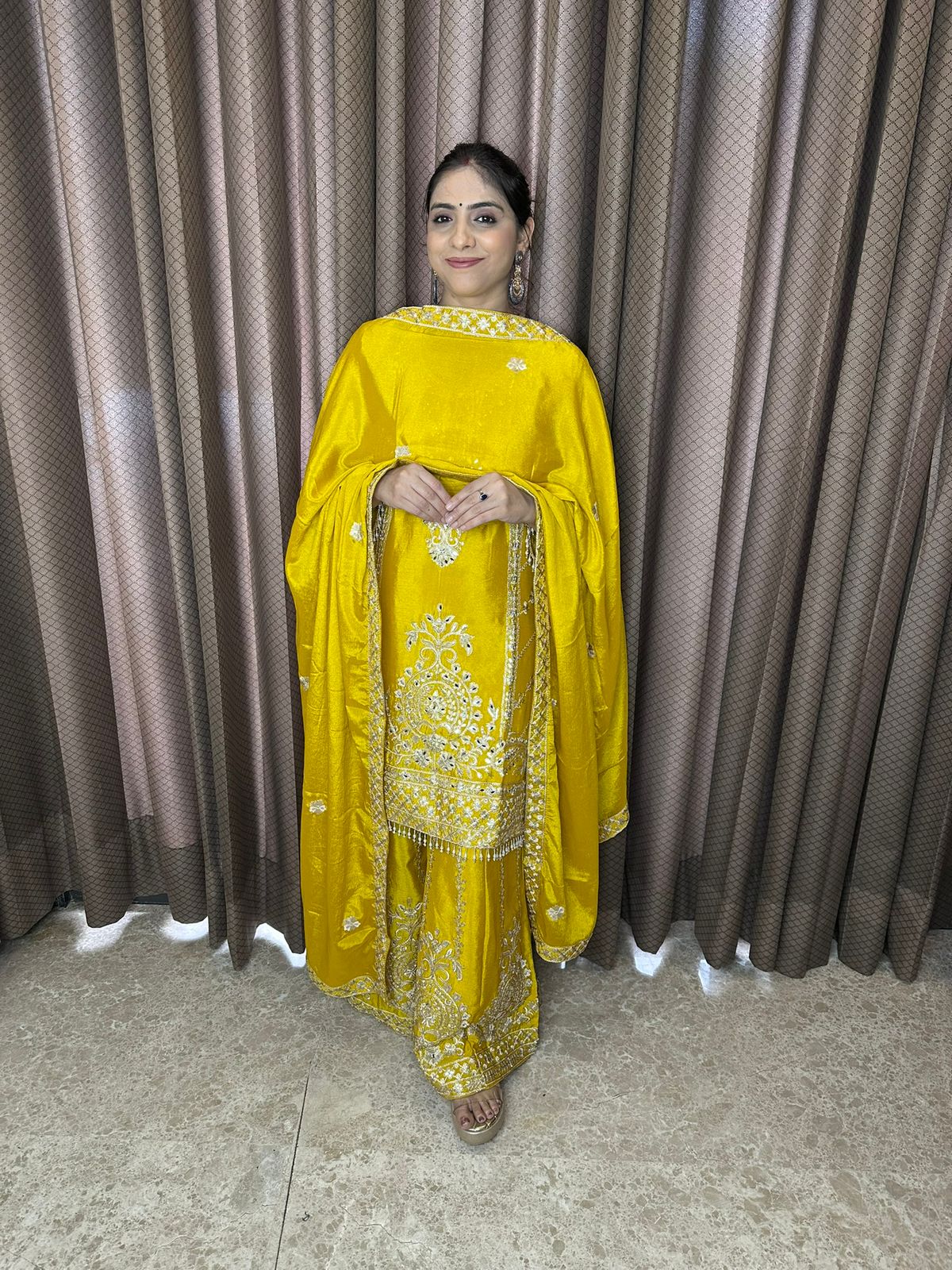 Mustard Yellow Embroidered Suit Set with Matching Dupatta