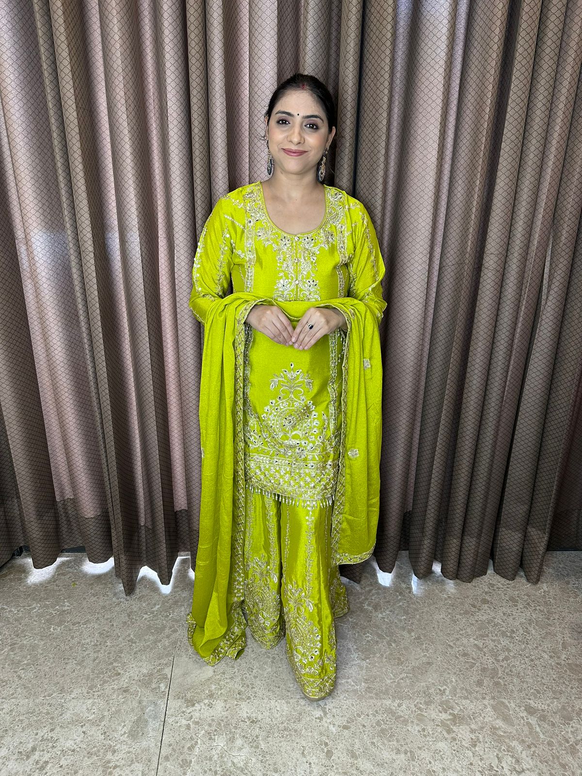 Lime Green Embroidered Sharara Suit Set with Dupatta