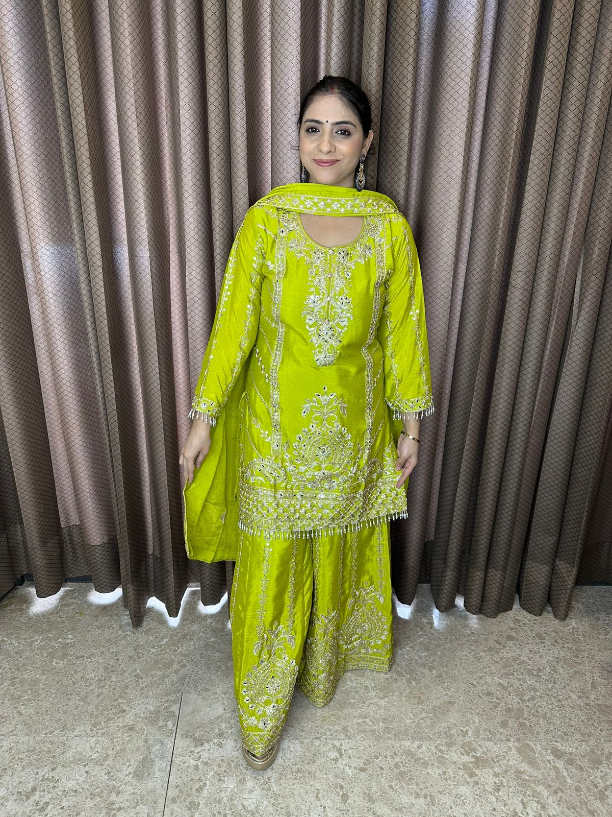 Lime Green Embroidered Sharara Suit Set with Dupatta