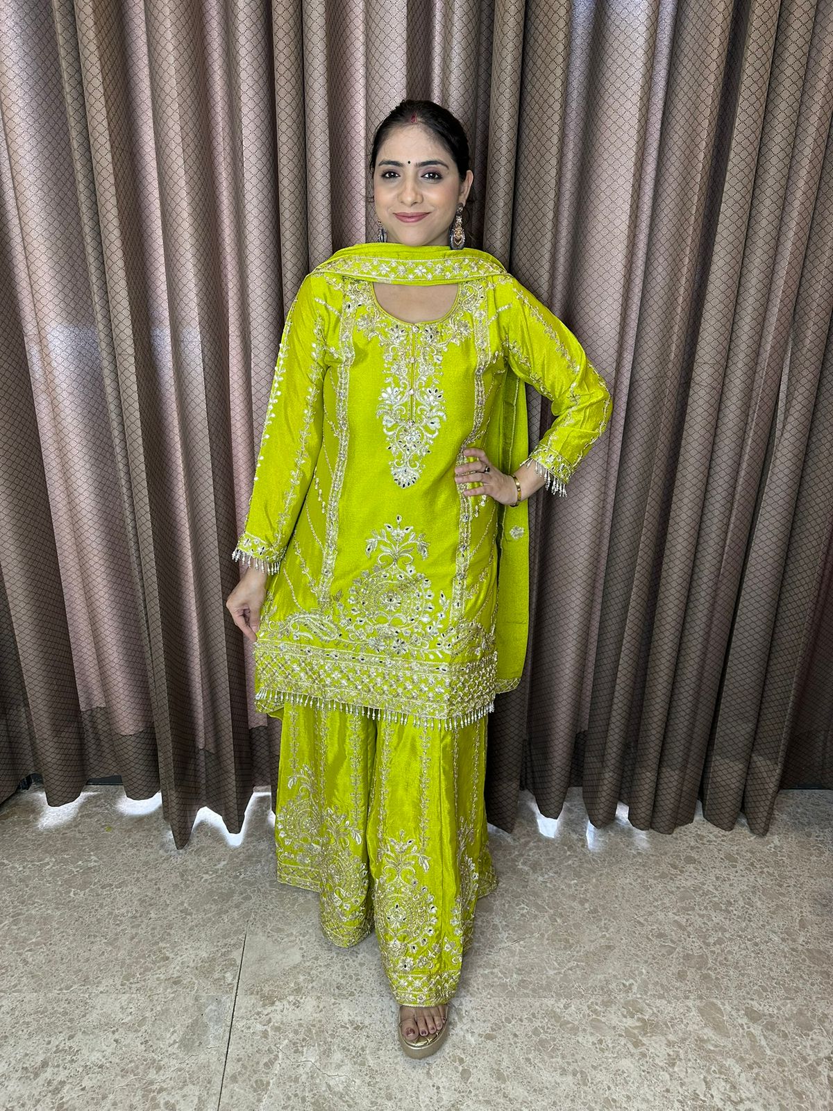 Lime Green Embroidered Sharara Suit Set with Dupatta