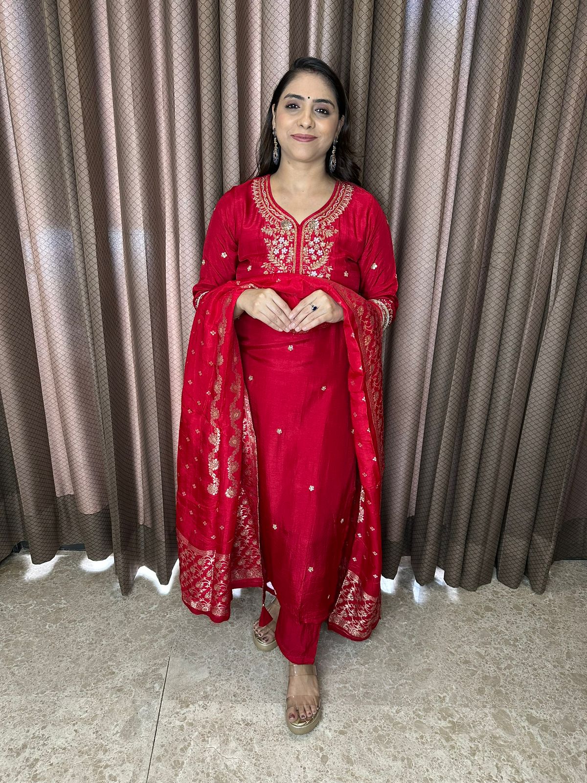 Crimson Red Embroidered Kurta Set with Matching Dupatta