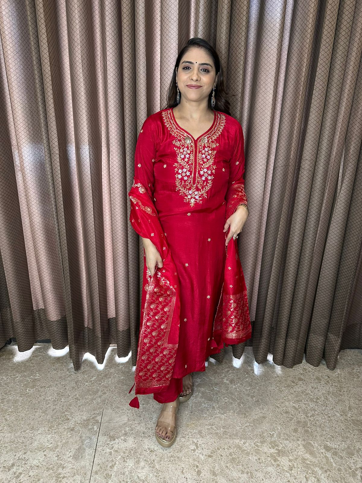 Crimson Red Embroidered Kurta Set with Matching Dupatta