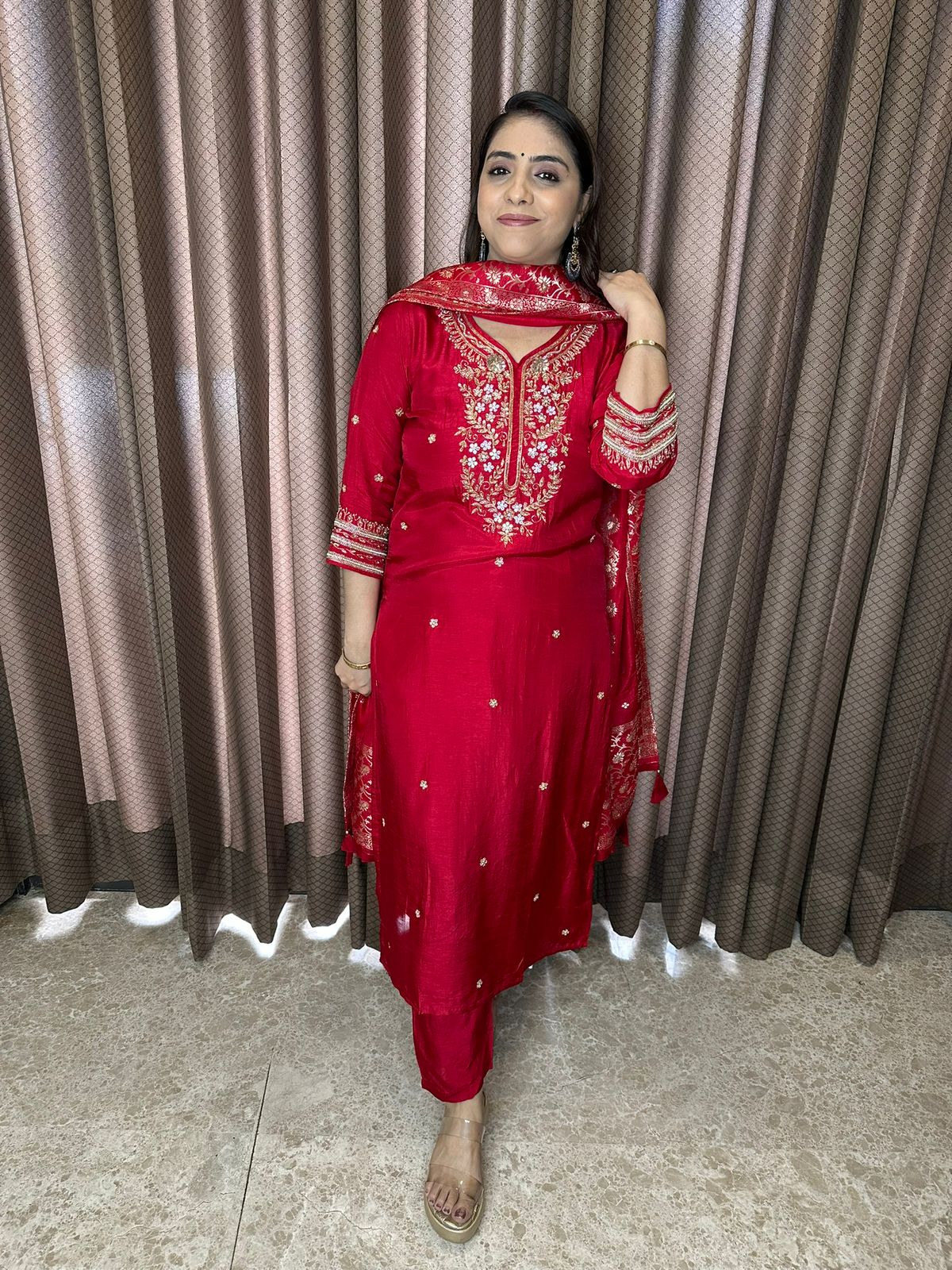 Crimson Red Embroidered Kurta Set with Matching Dupatta