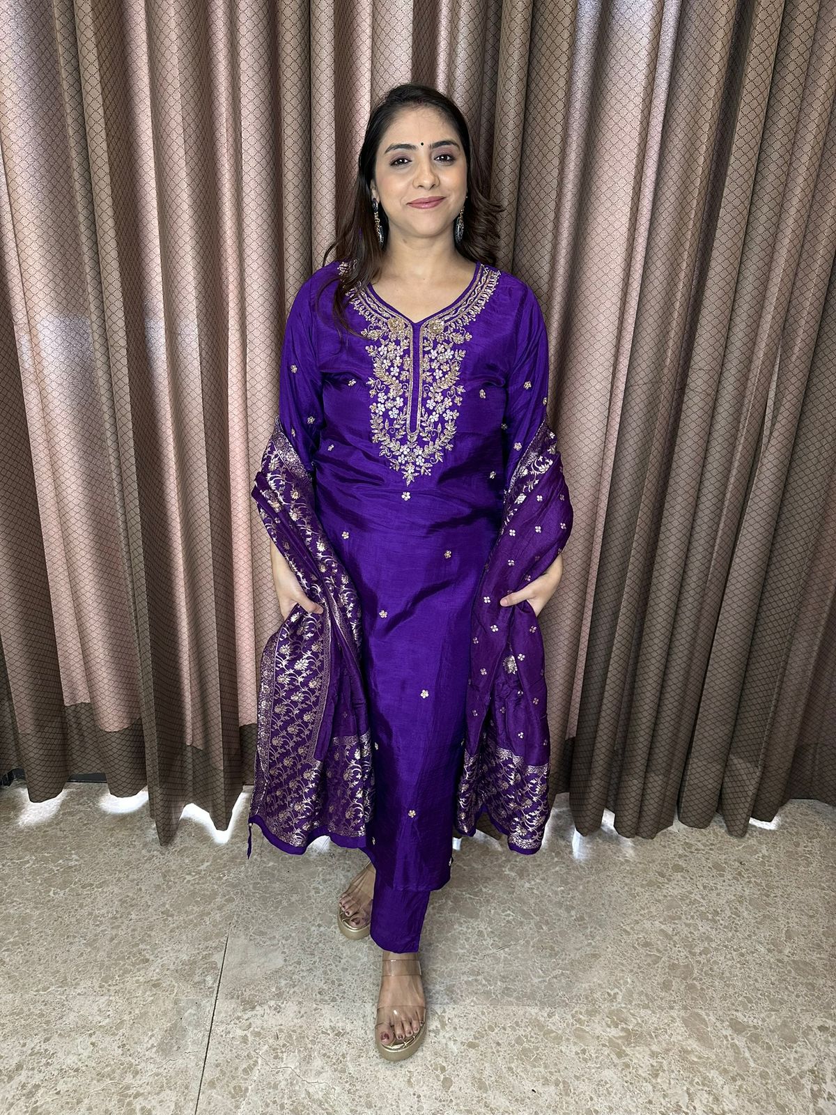 Royal Purple Embroidered Kurta Set with Matching Dupatta