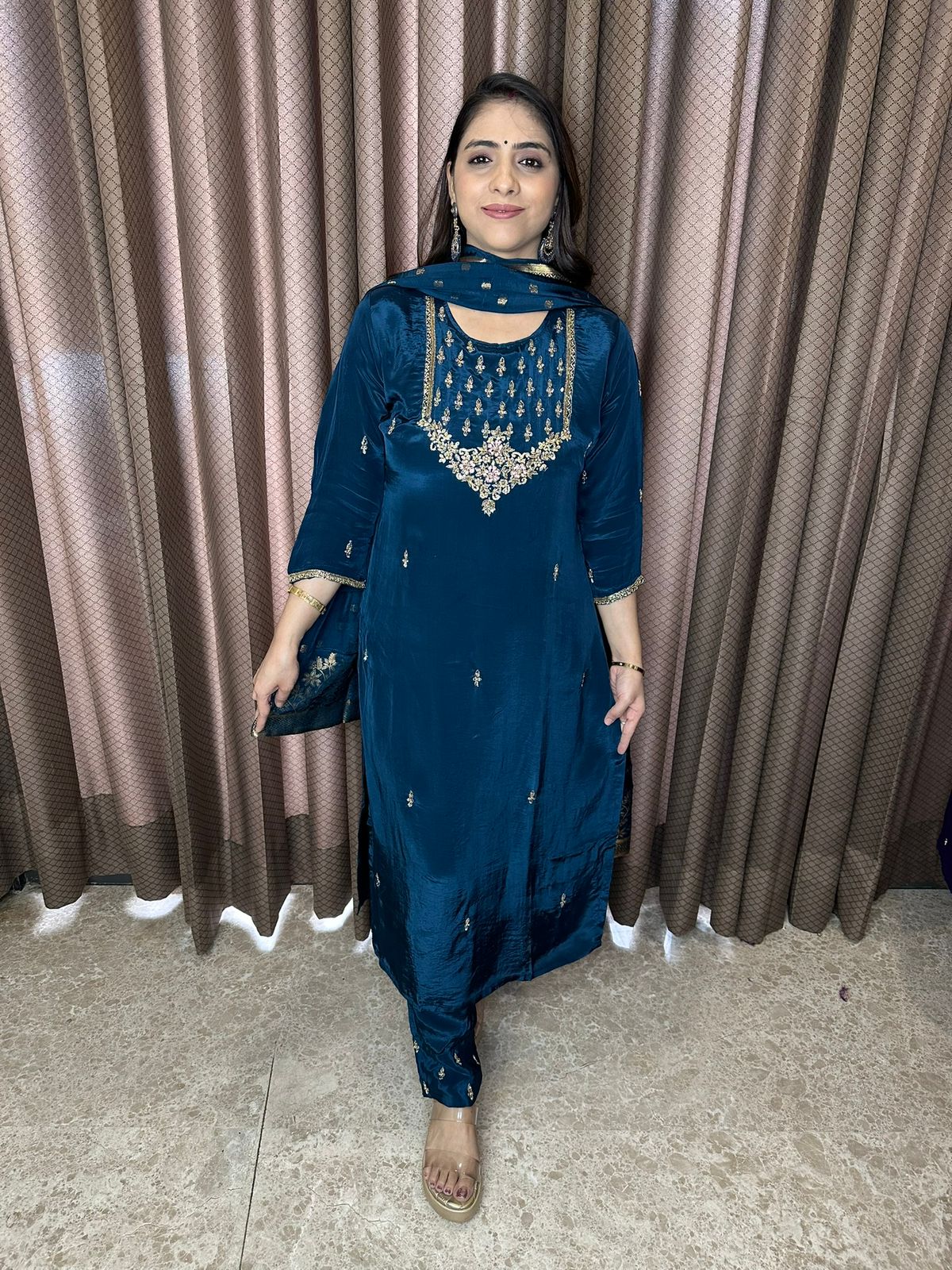 Peacock Blue Embroidered Kurta Set with Elegant Dupatta