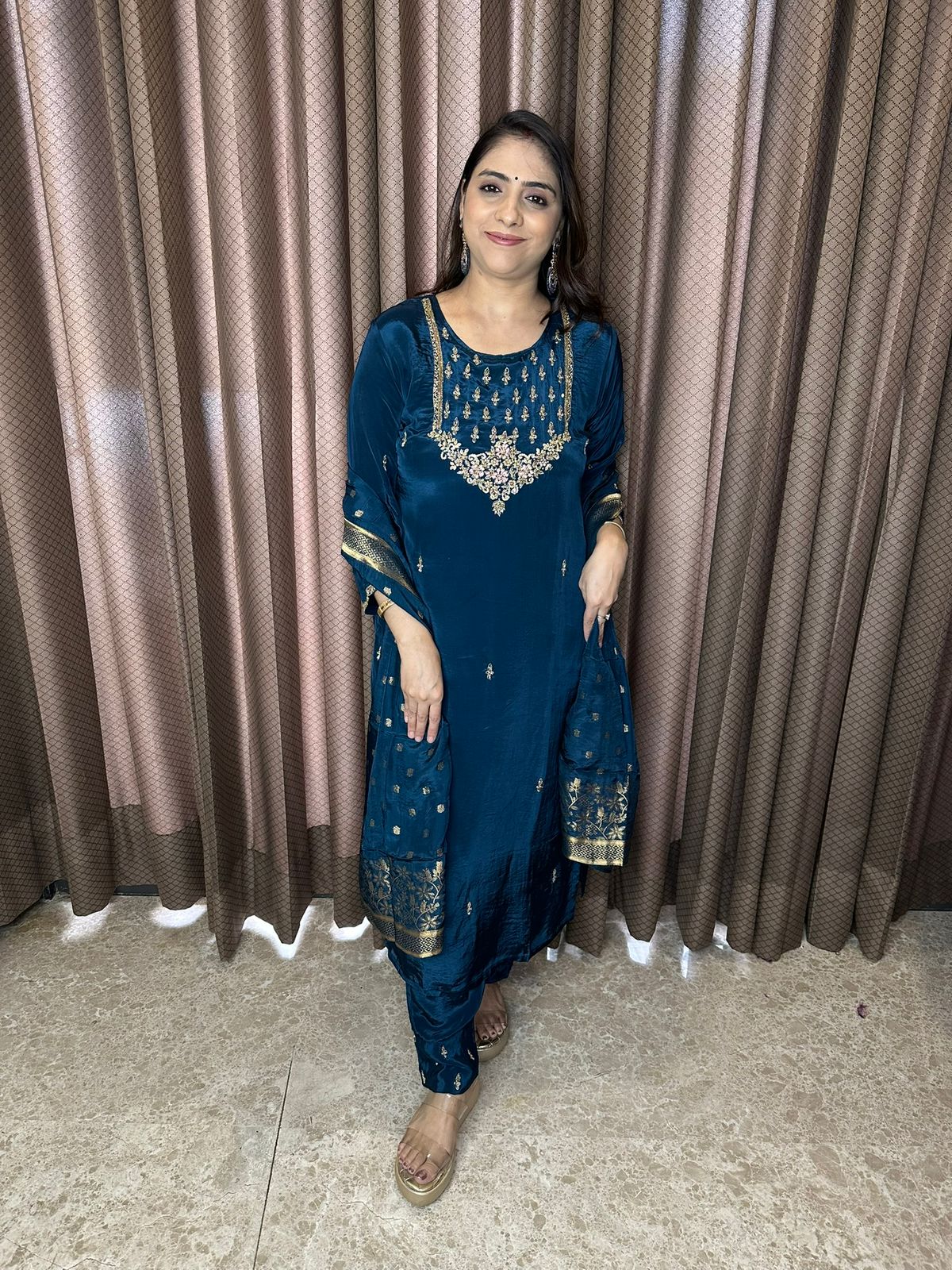 Peacock Blue Embroidered Kurta Set with Elegant Dupatta