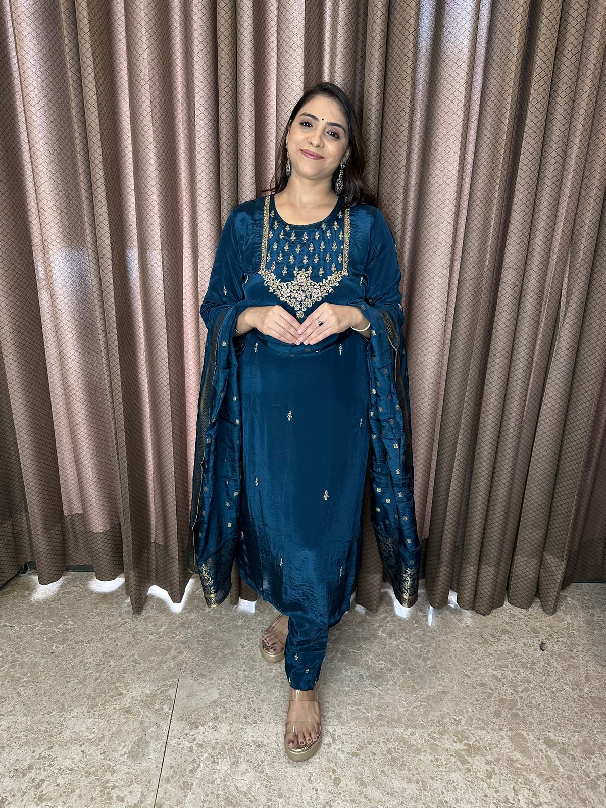 Peacock Blue Embroidered Kurta Set with Elegant Dupatta