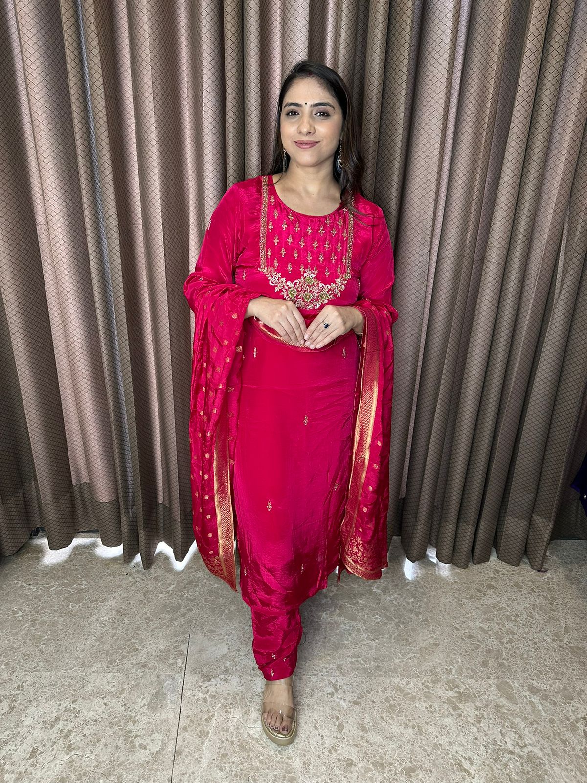 Crimson Red Embroidered Kurta Set with Festive Dupatta