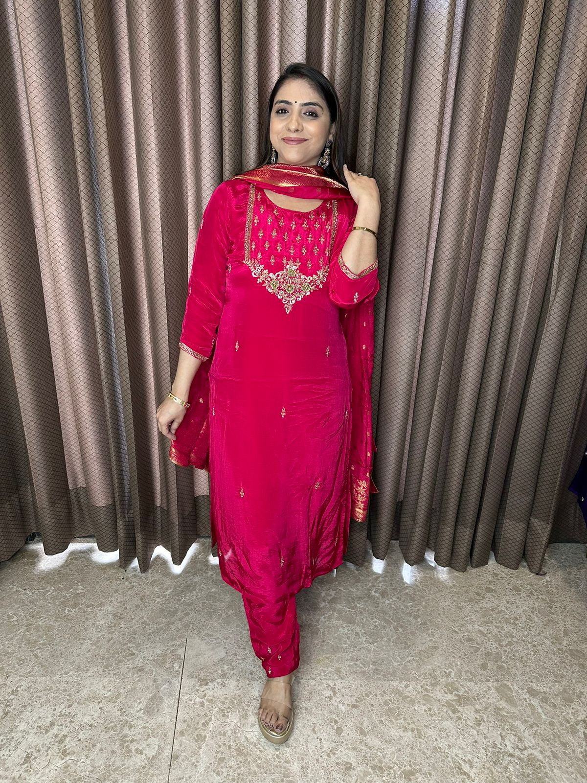 Crimson Red Embroidered Kurta Set with Festive Dupatta
