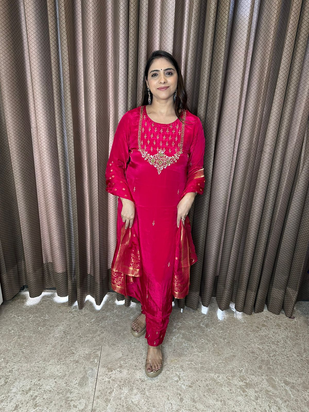 Crimson Red Embroidered Kurta Set with Festive Dupatta