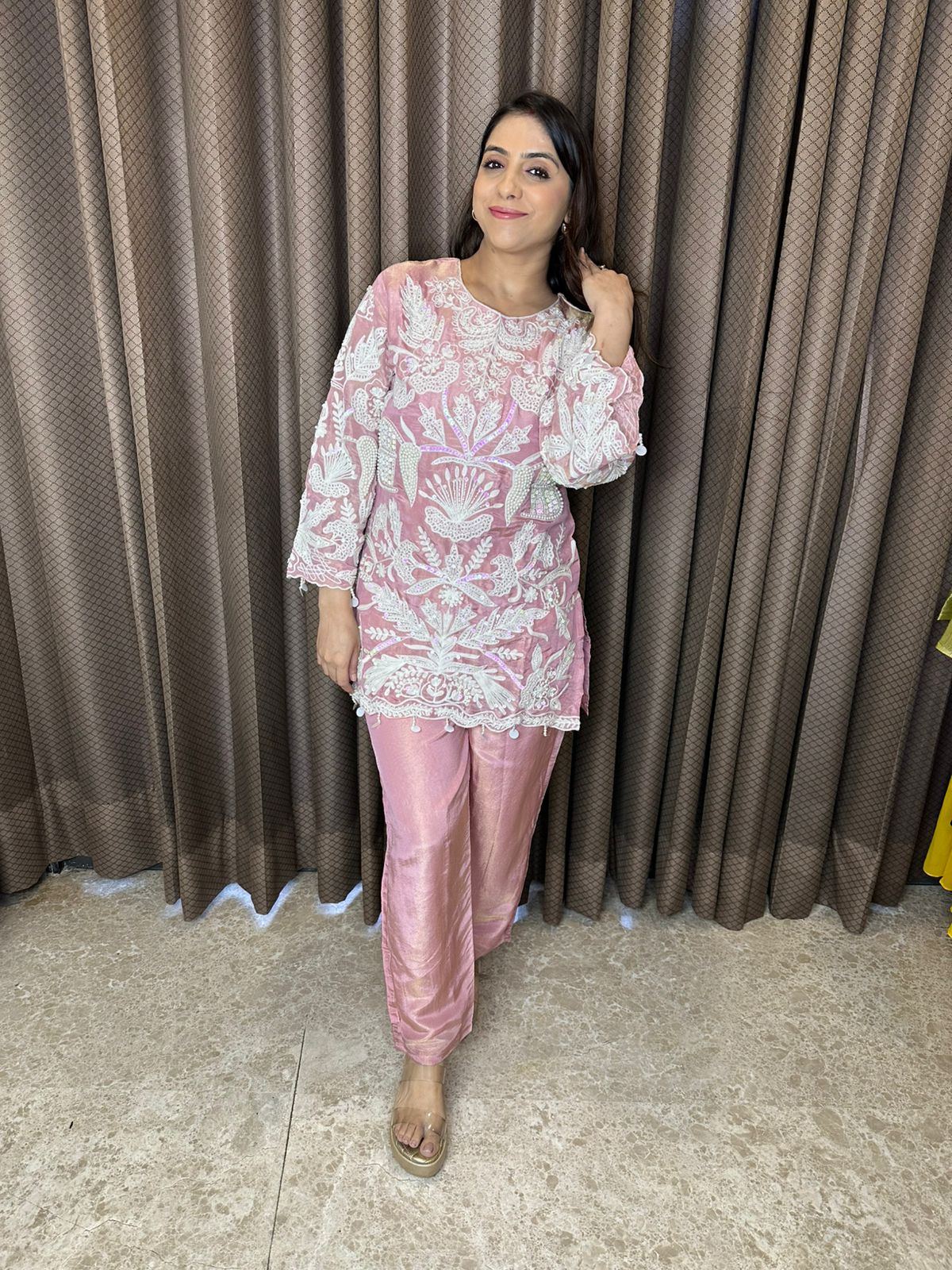 Blush Pink Sheer Co-ord Set with White Thread Embroidery