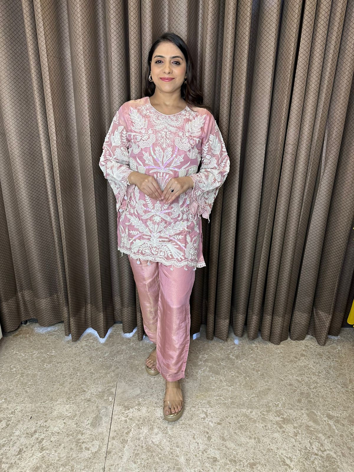 Blush Pink Sheer Co-ord Set with White Thread Embroidery