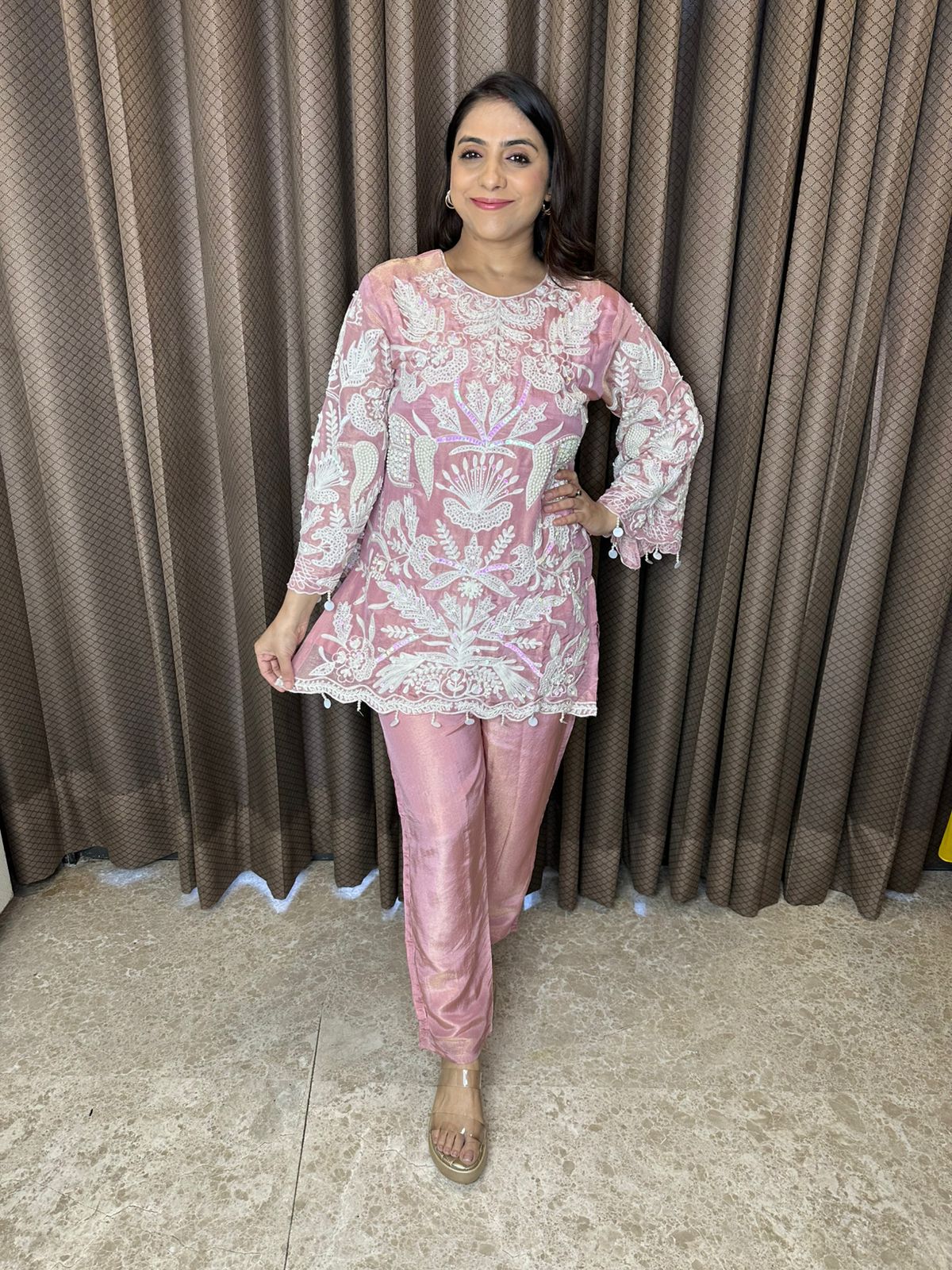 Blush Pink Sheer Co-ord Set with White Thread Embroidery