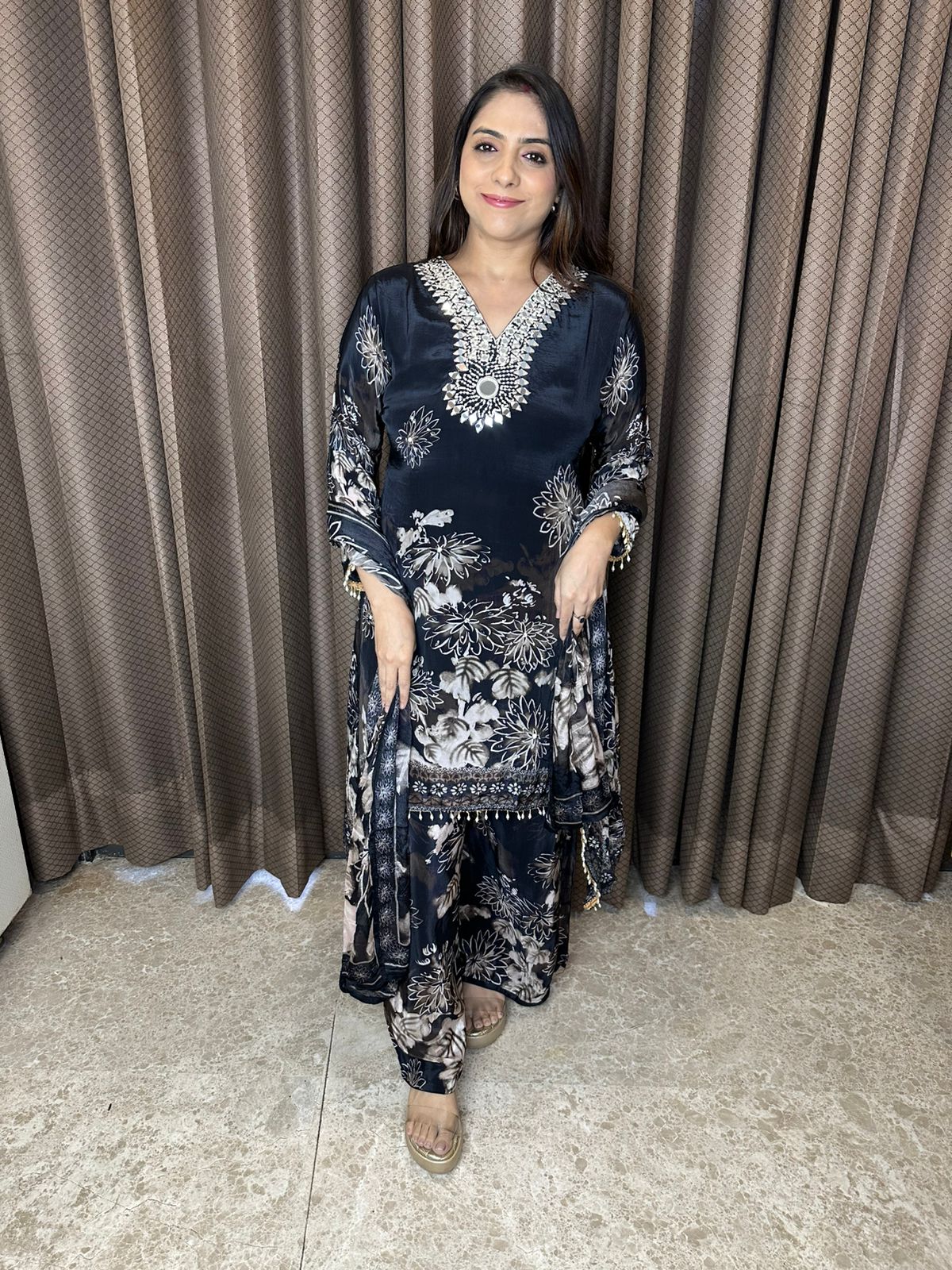 Midnight Black Floral Printed Kurta Set with Mirror Work Detailing