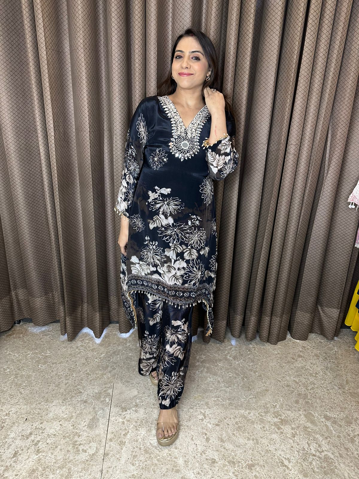 Midnight Black Floral Printed Kurta Set with Mirror Work Detailing