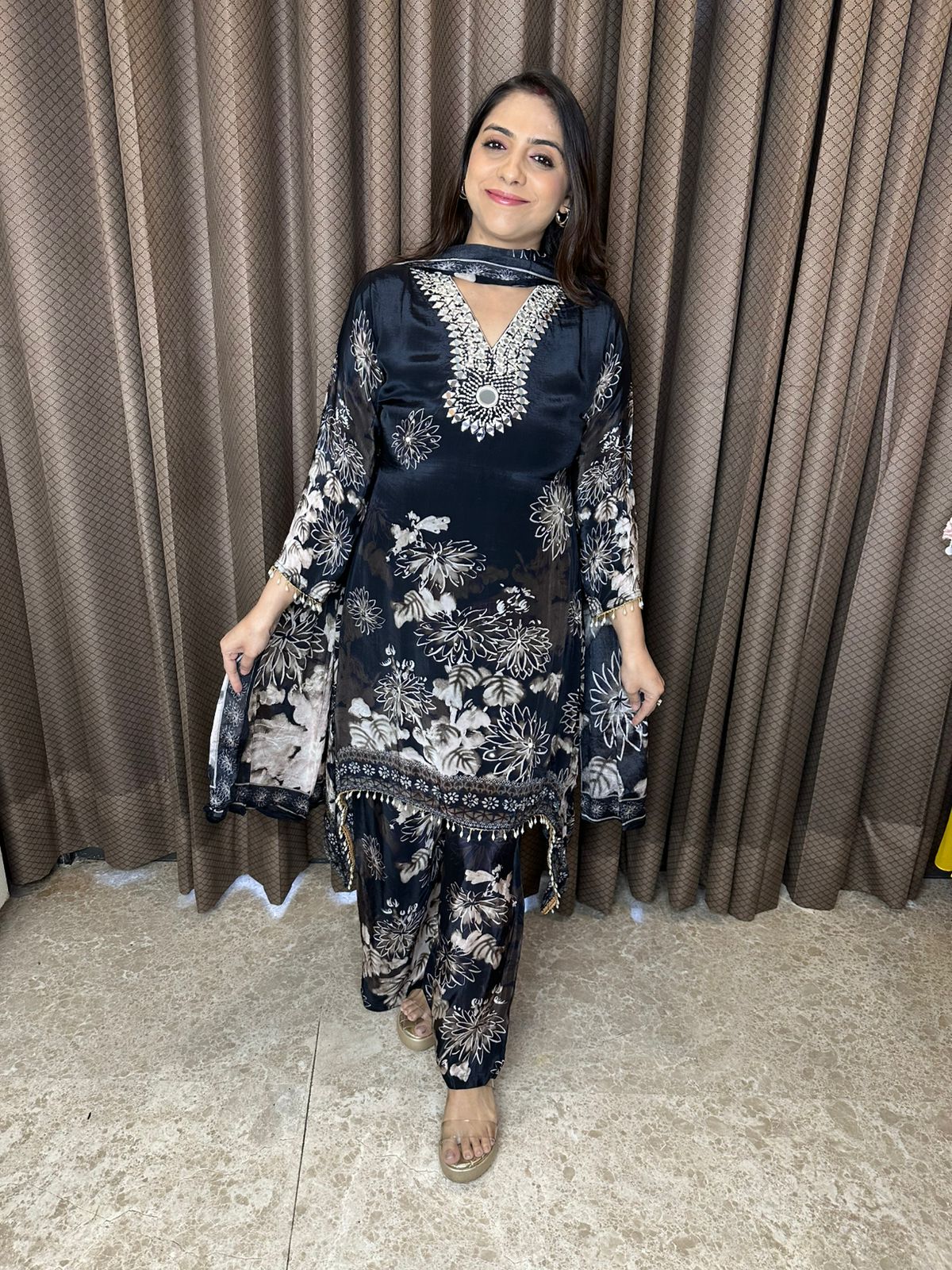 Midnight Black Floral Printed Kurta Set with Mirror Work Detailing