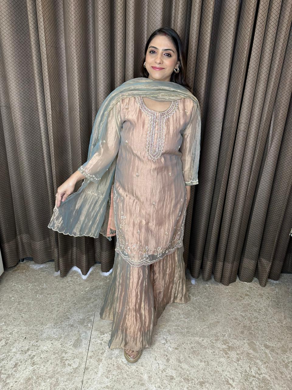 Rose Gold Crush Shimmer Hand-work Sharara Suit Set