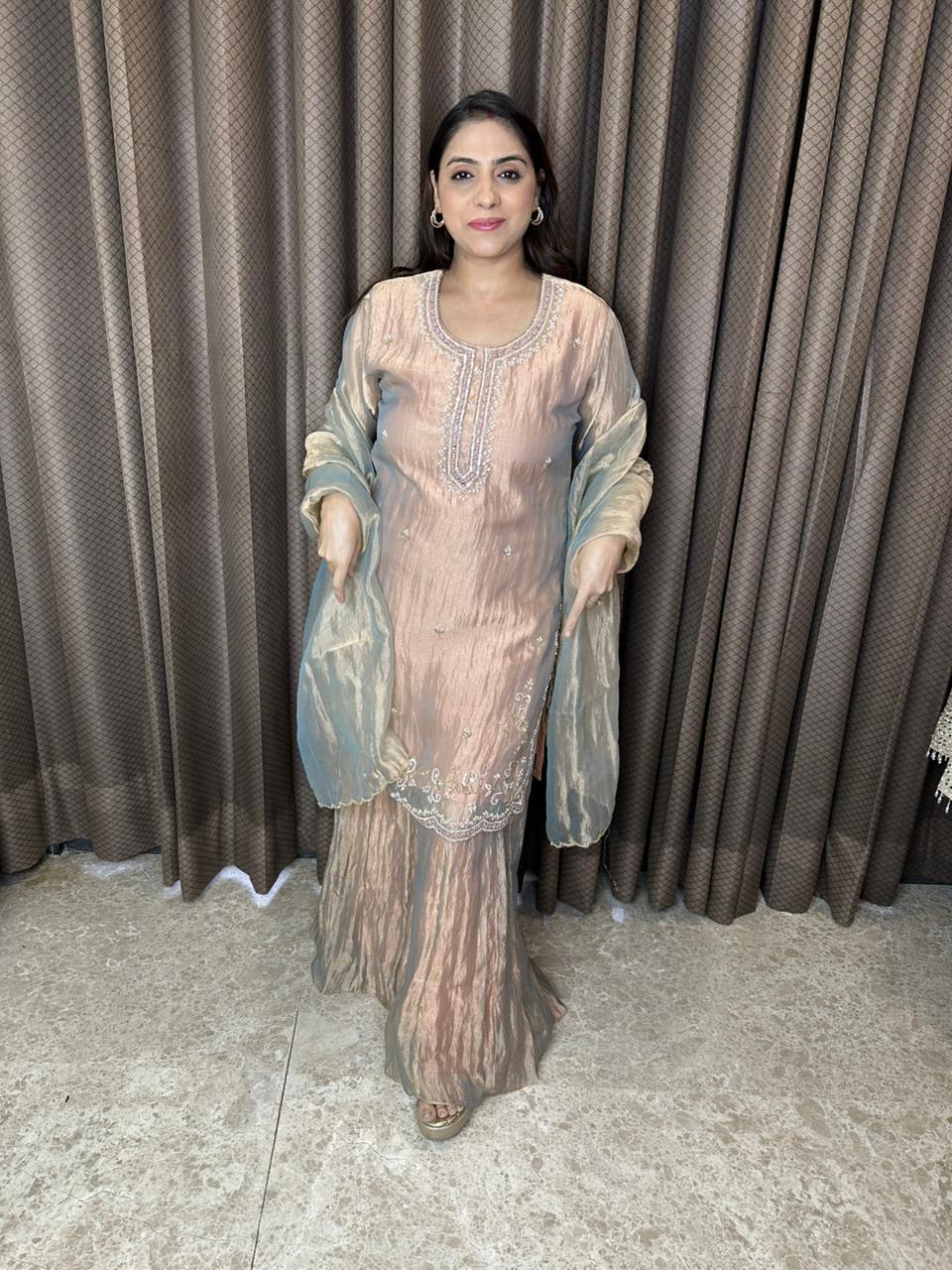 Rose Gold Crush Shimmer Hand-work Sharara Suit Set