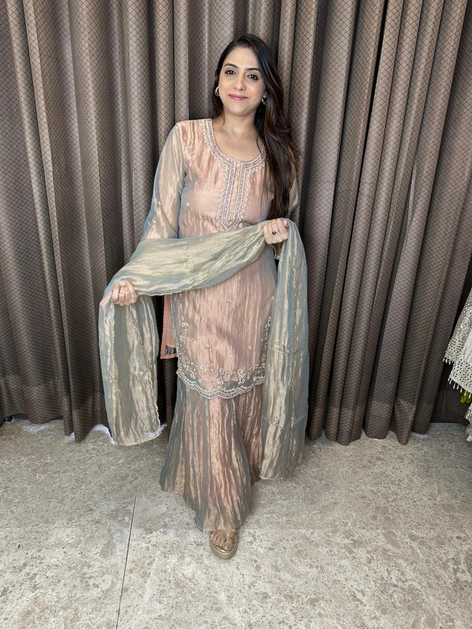 Rose Gold Crush Shimmer Hand-work Sharara Suit Set