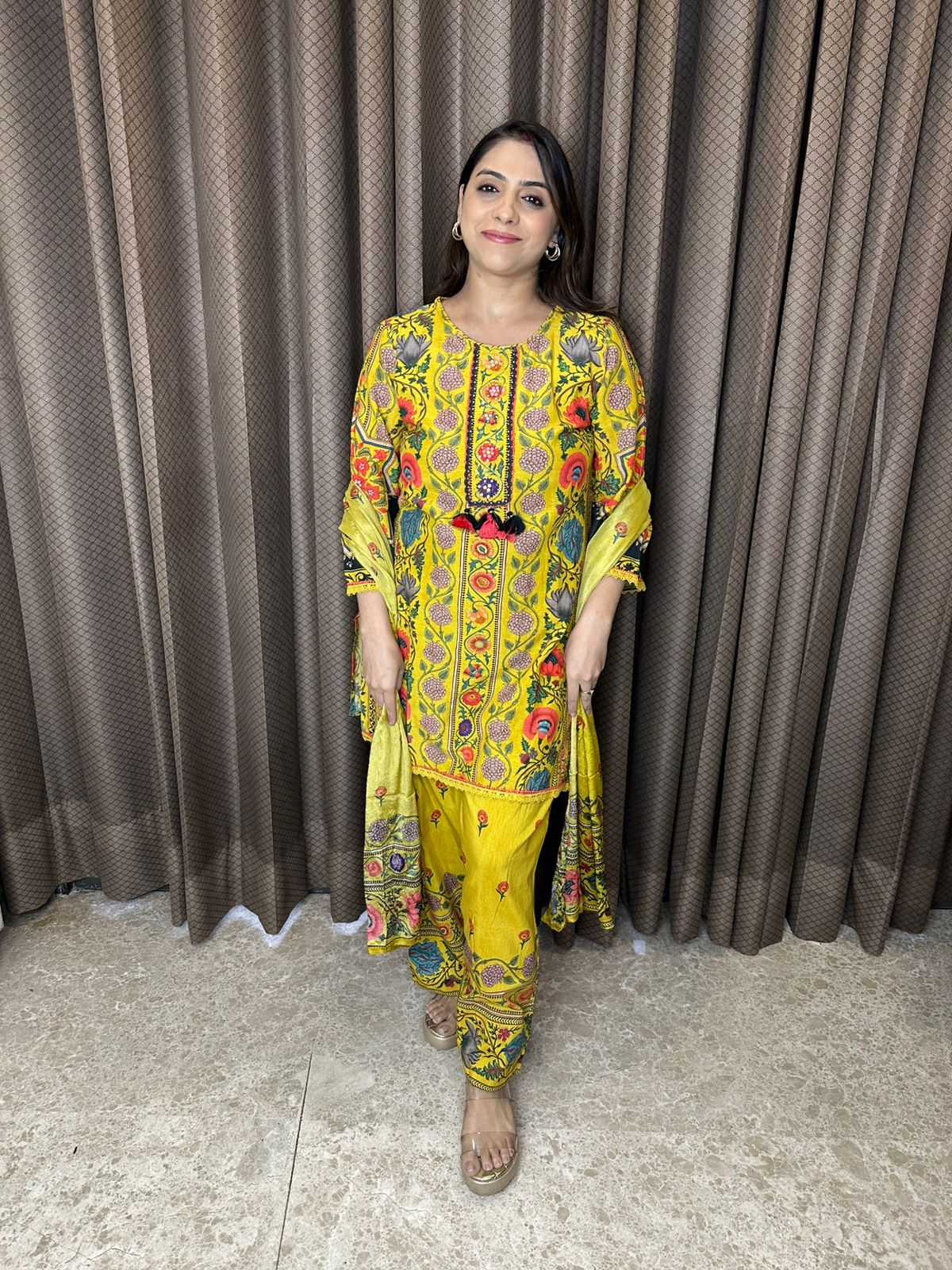 Vibrant Yellow Multicolor Printed Suit Set with Farshi Salwar