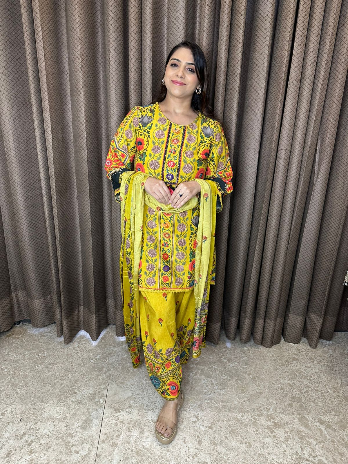 Vibrant Yellow Multicolor Printed Suit Set with Farshi Salwar