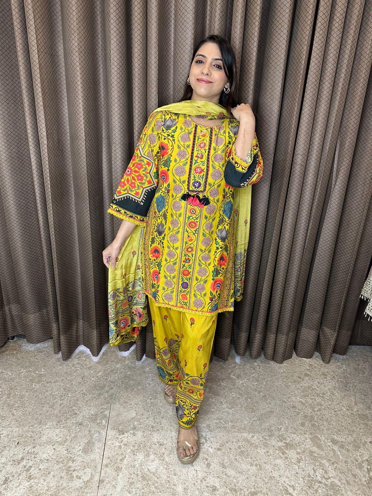 Vibrant Yellow Multicolor Printed Suit Set with Farshi Salwar