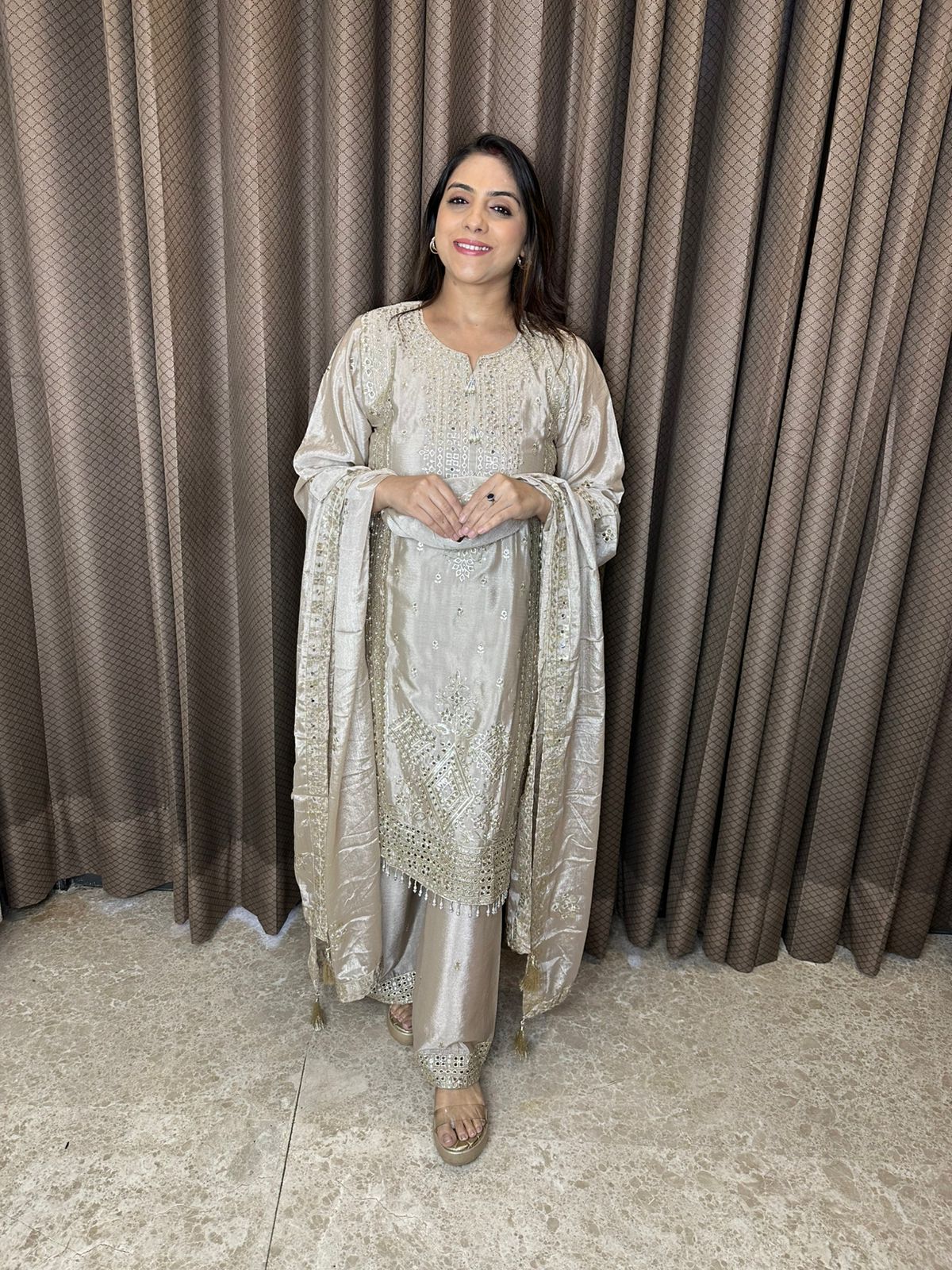 Champagne Cut-work Mirror Suit with Lining