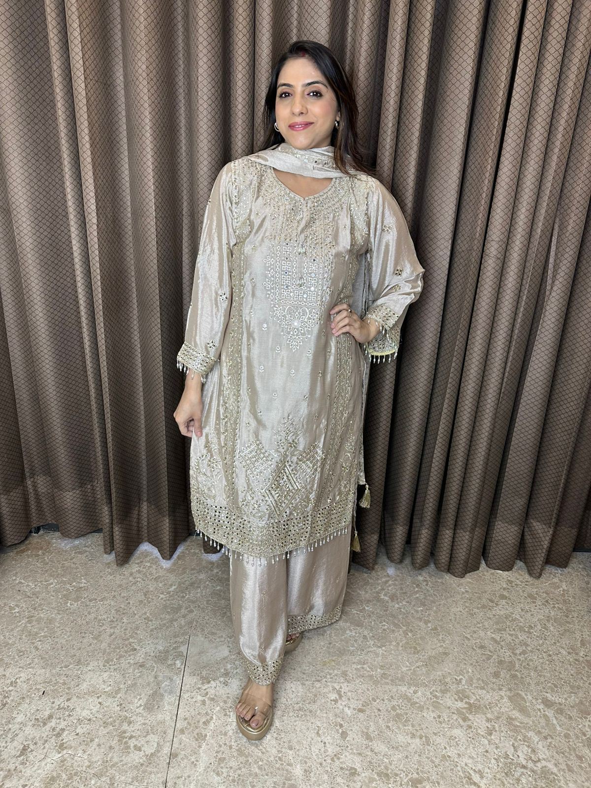 Champagne Cut-work Mirror Suit with Lining