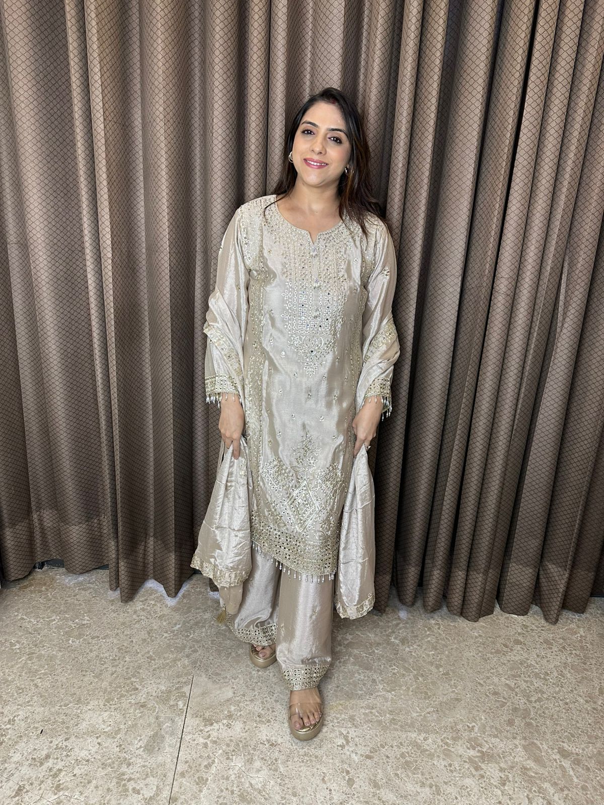 Champagne Cut-work Mirror Suit with Lining