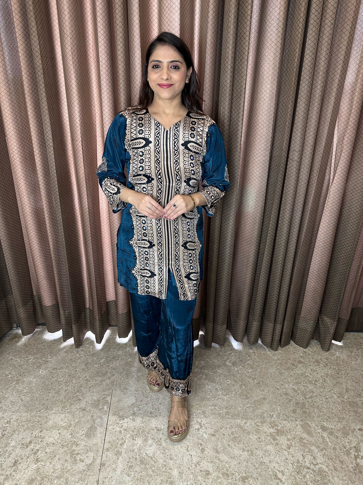 Teal Blue & Beige Printed Crepe Co-ord Set