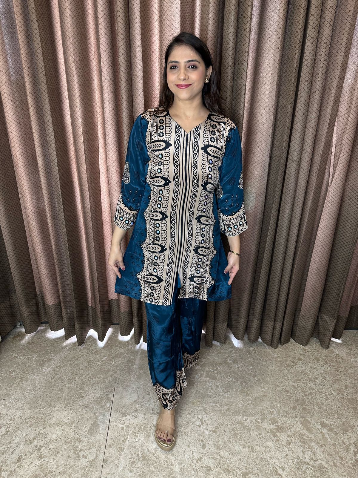 Teal Blue & Beige Printed Crepe Co-ord Set