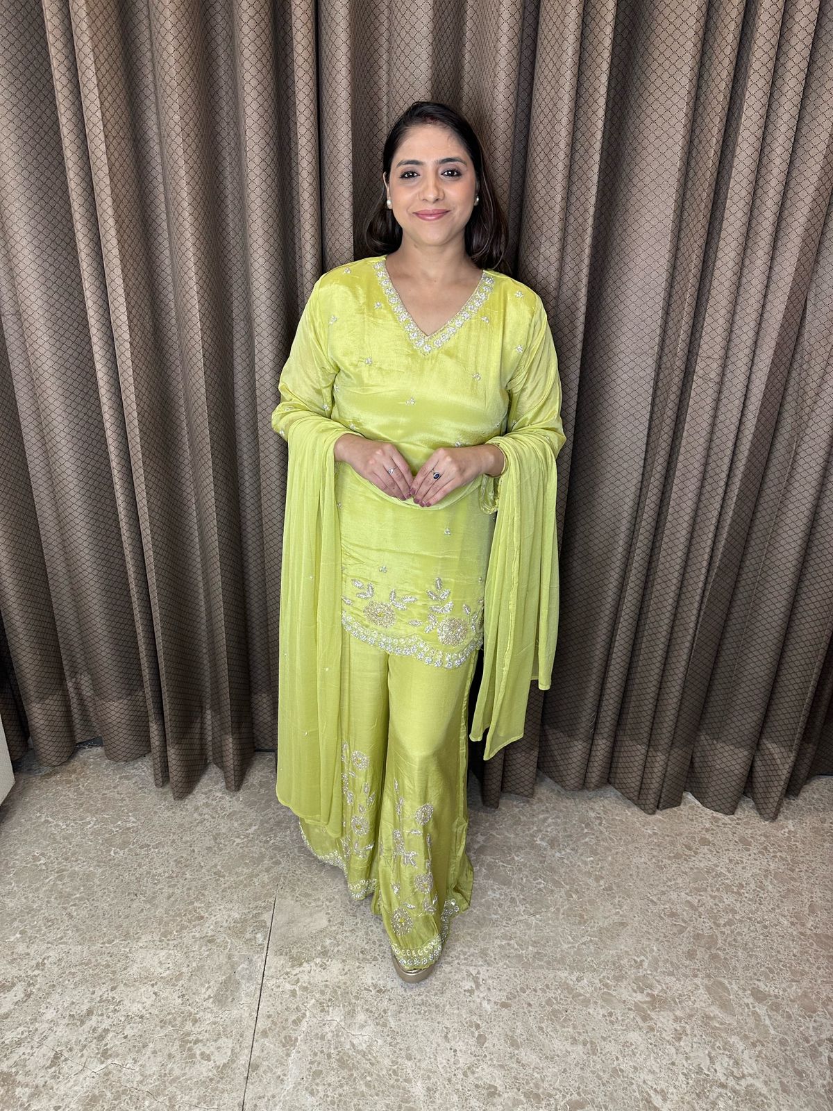 Lime Green Embroidered Ethnic Sharara Suit Set