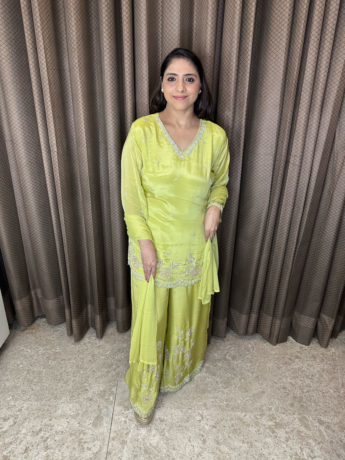 Lime Green Embroidered Ethnic Sharara Suit Set