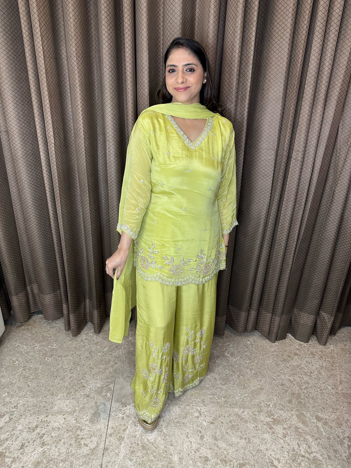 Lime Green Embroidered Ethnic Sharara Suit Set