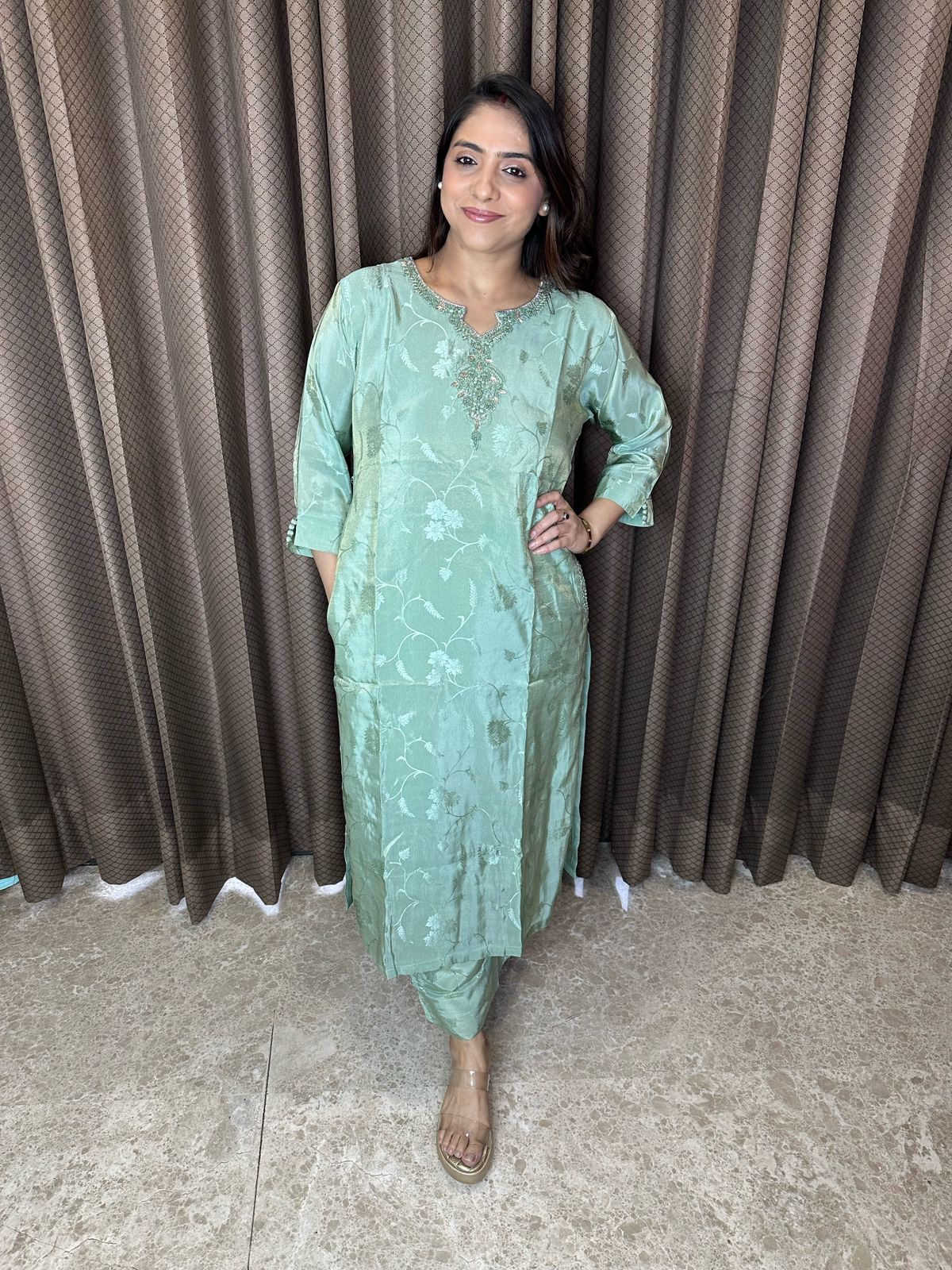 Mint Green Floral Embroidered Suit Set