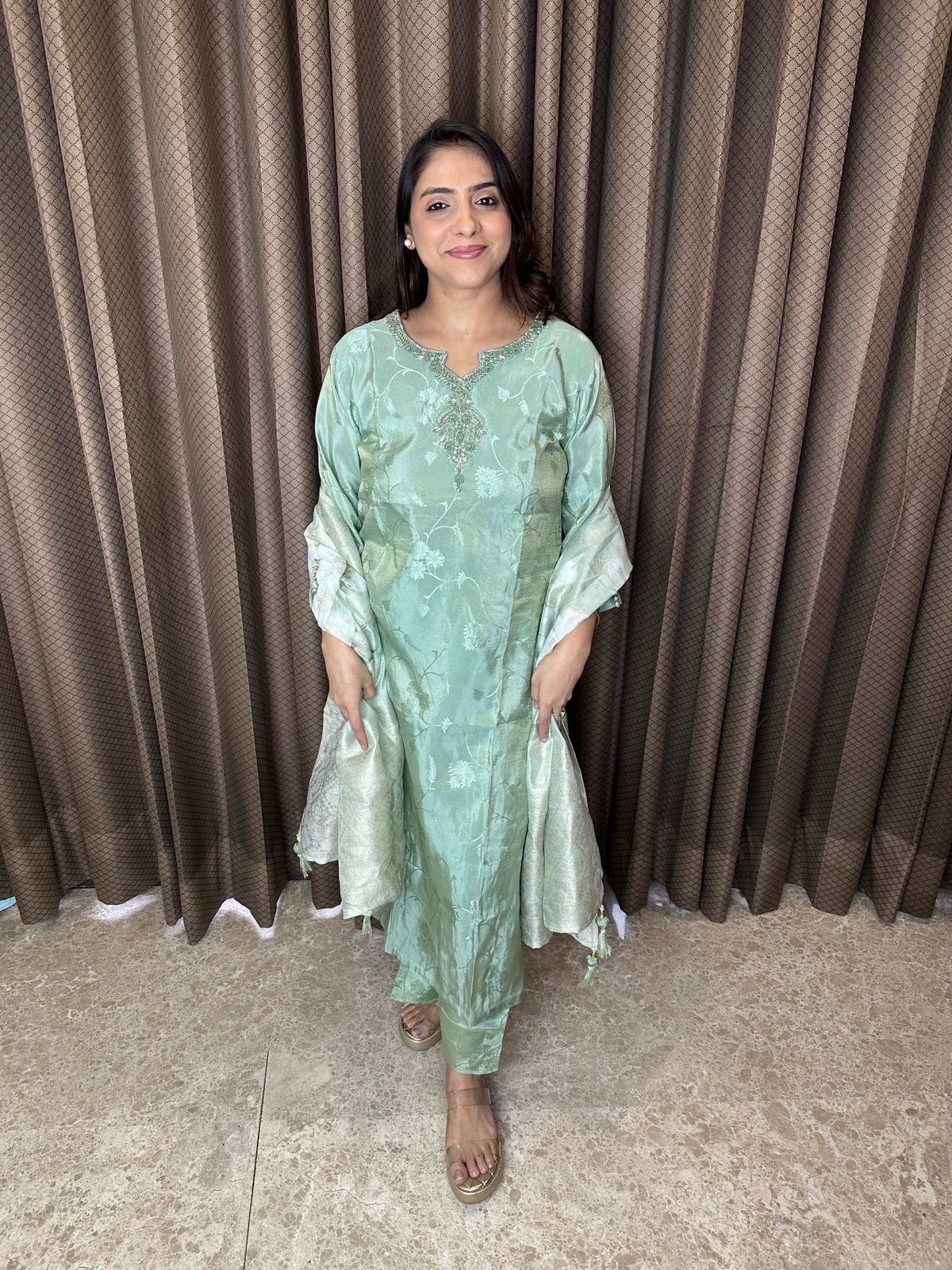 Mint Green Floral Embroidered Suit Set