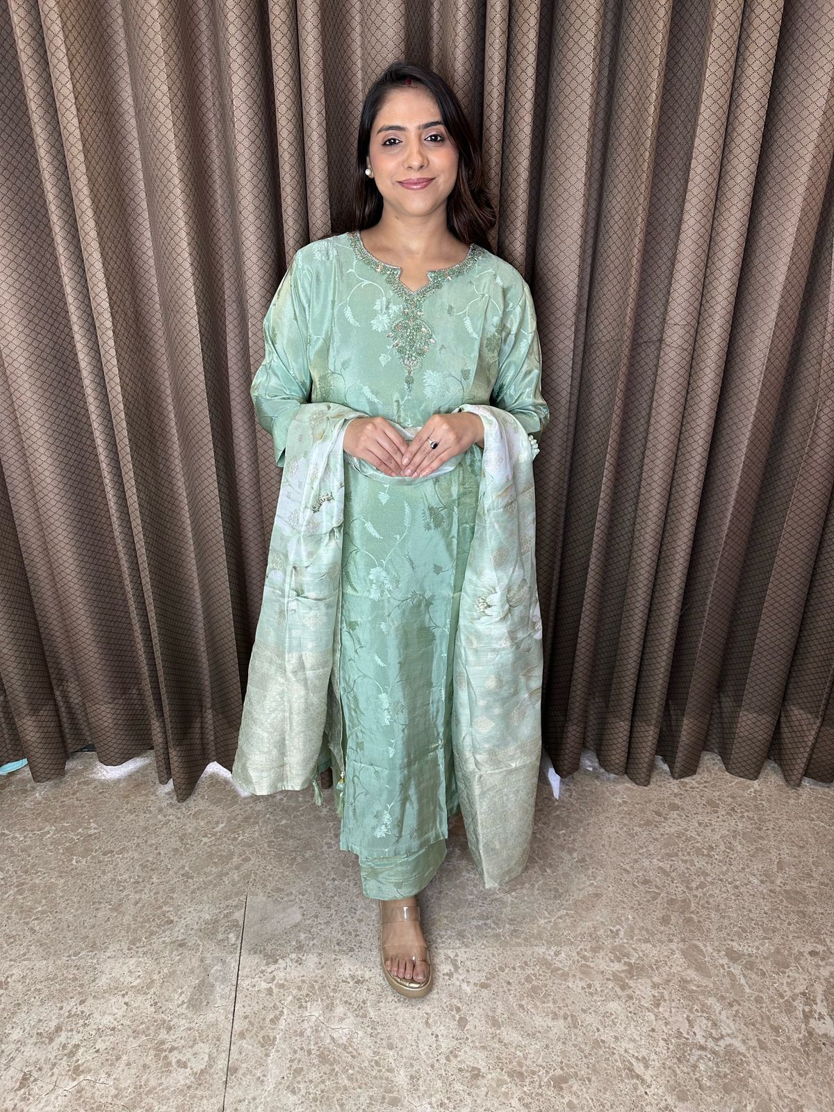 Mint Green Floral Embroidered Suit Set