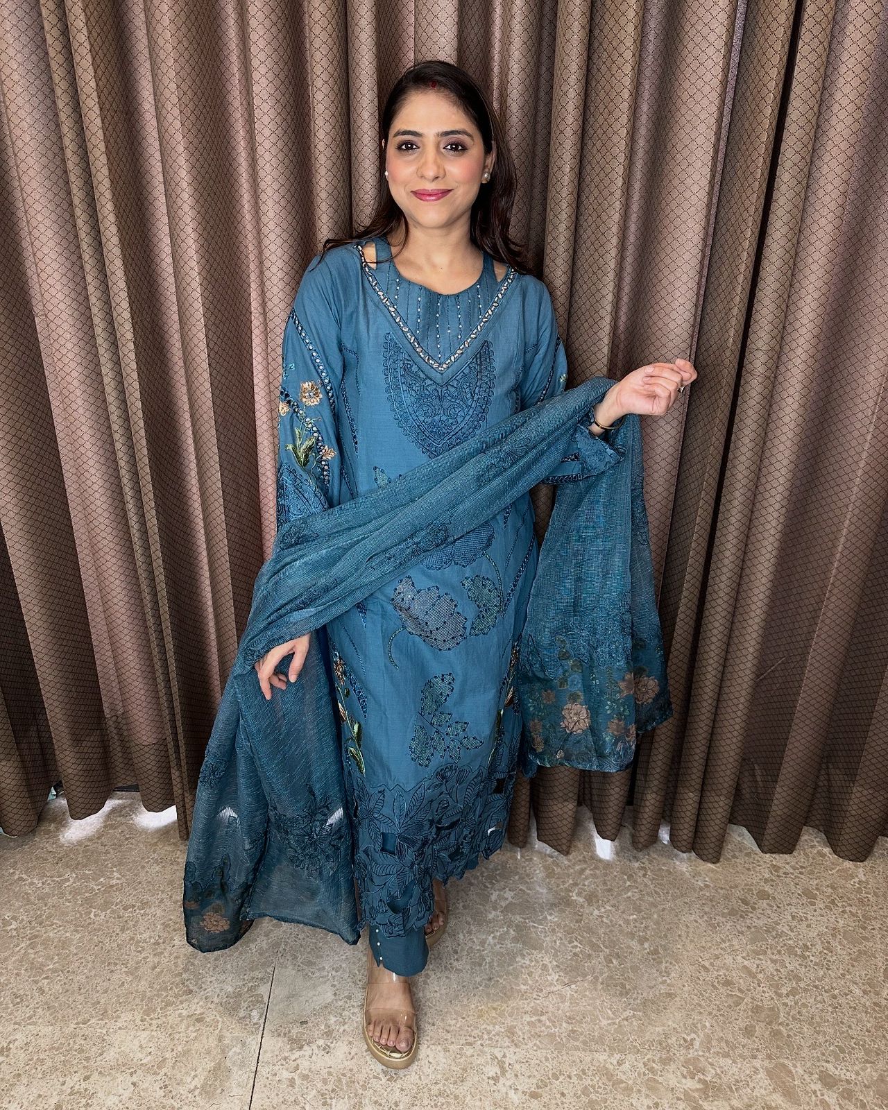 Teal Blue Threadwork Embroidered Suit Set